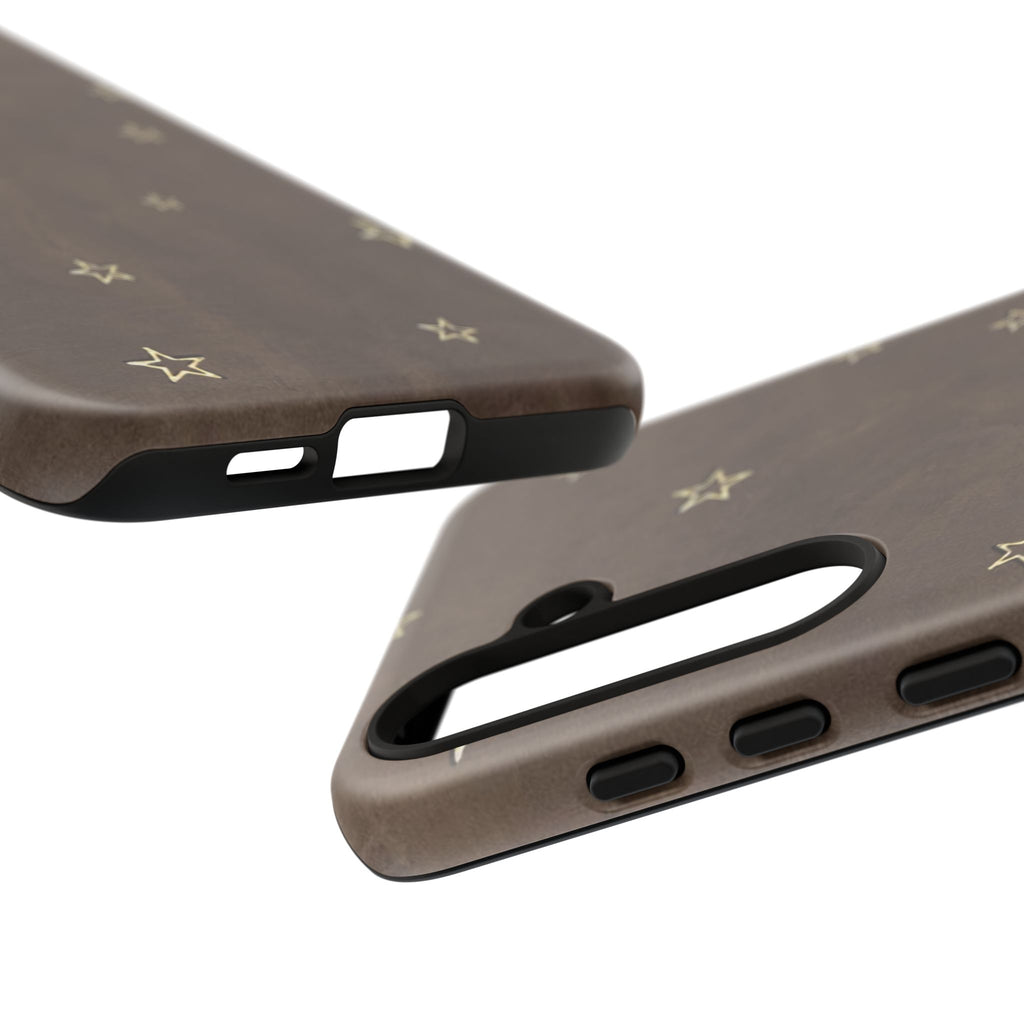 Brown Star Pattern Tough Phone Case – Rugged Leather-Look Protection