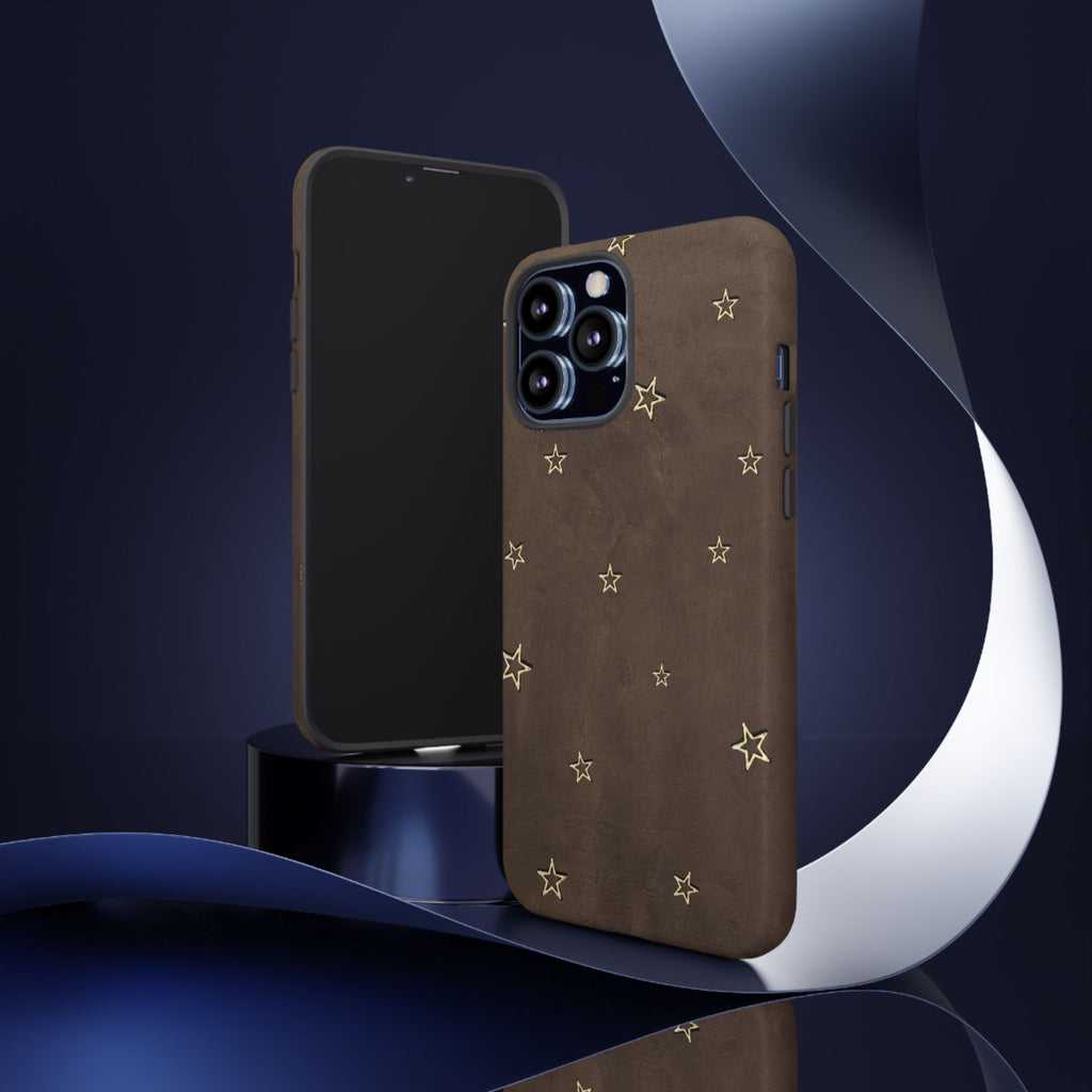 Brown Star Pattern Tough Phone Case – Rugged Leather-Look Protection