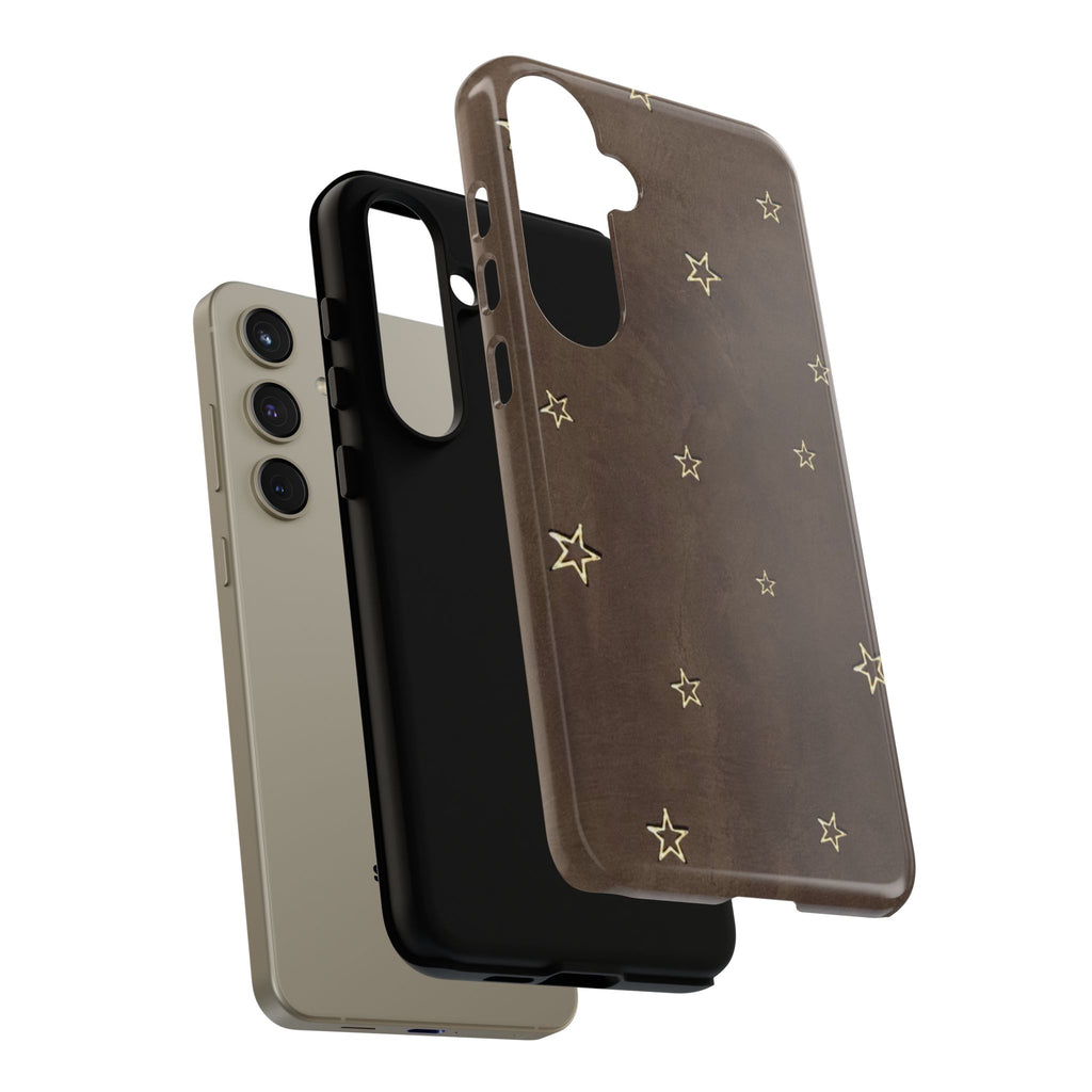 Brown Star Pattern Tough Phone Case – Rugged Leather-Look Protection