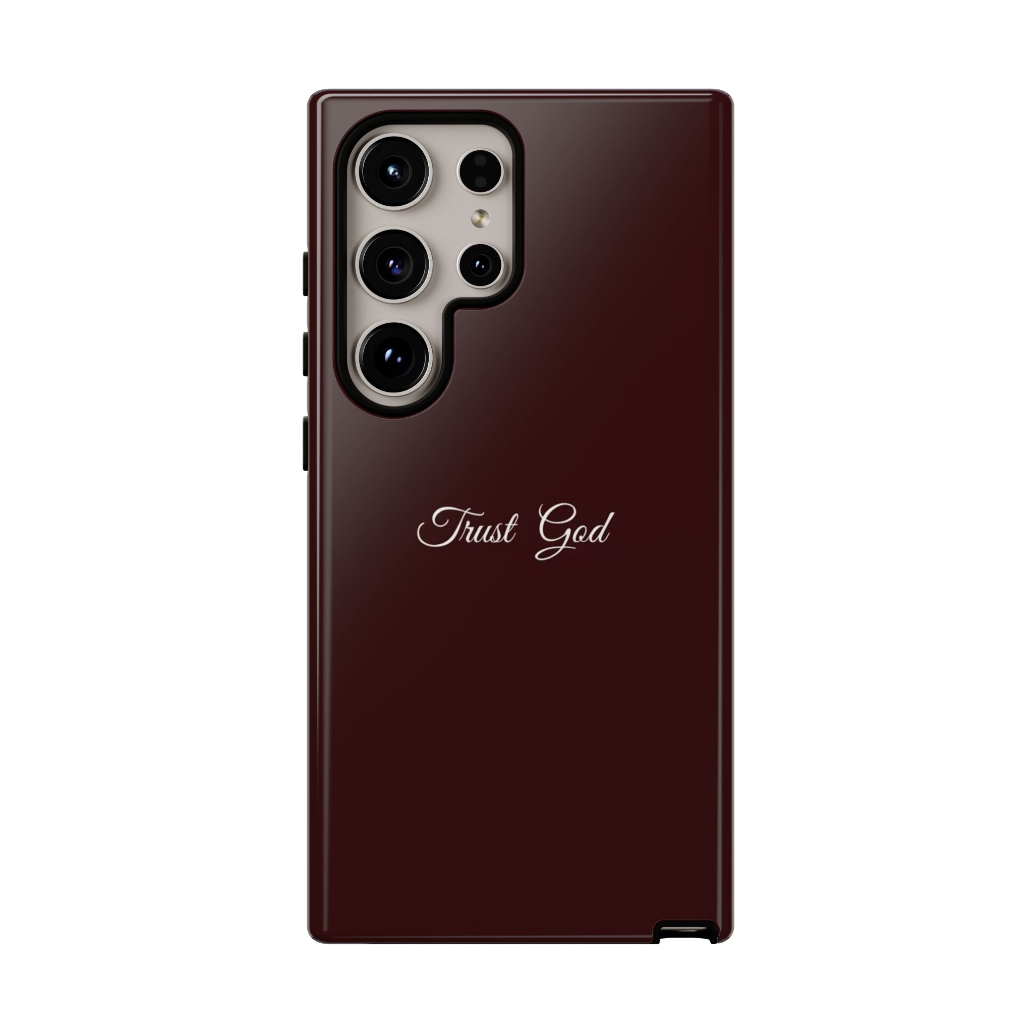 Trust God Tough Phone Case — Maroon Protective iPhone Cover with Script Text