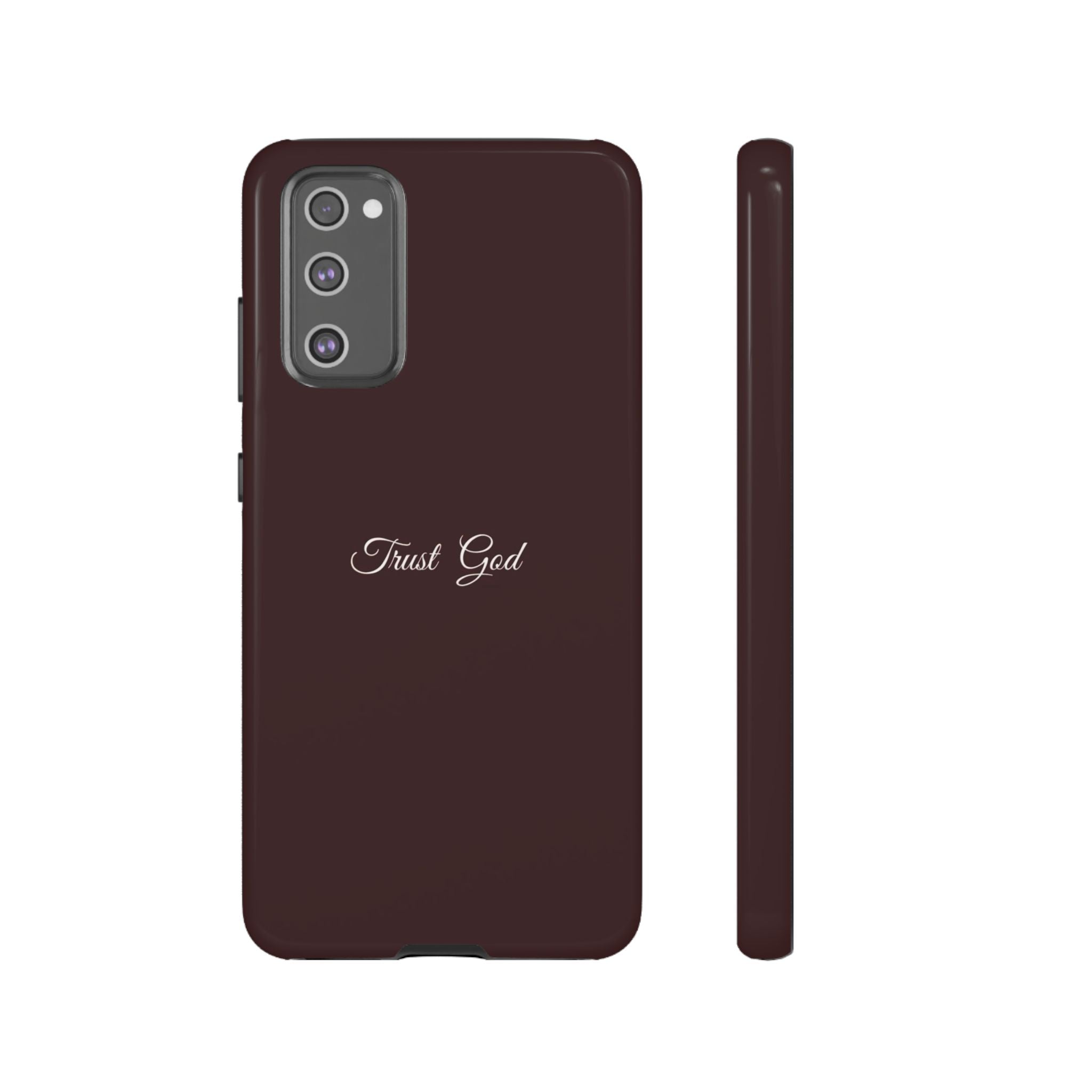 Trust God Tough Phone Case — Maroon Protective iPhone Cover with Script Text