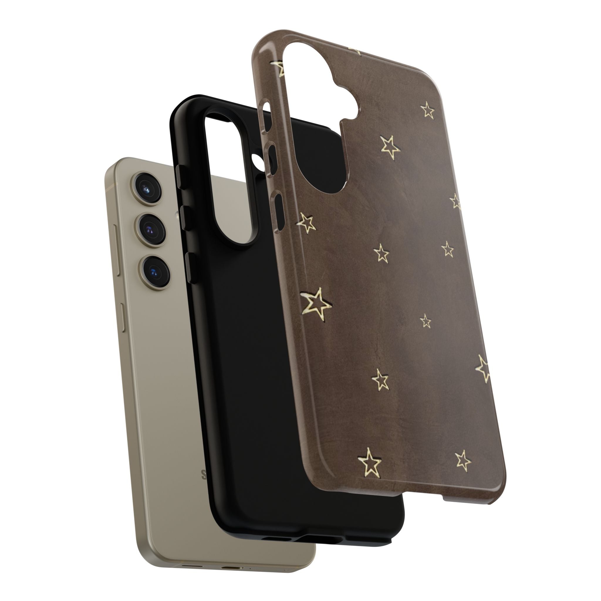 Brown Star Pattern Tough Phone Case – Rugged Leather-Look Protection