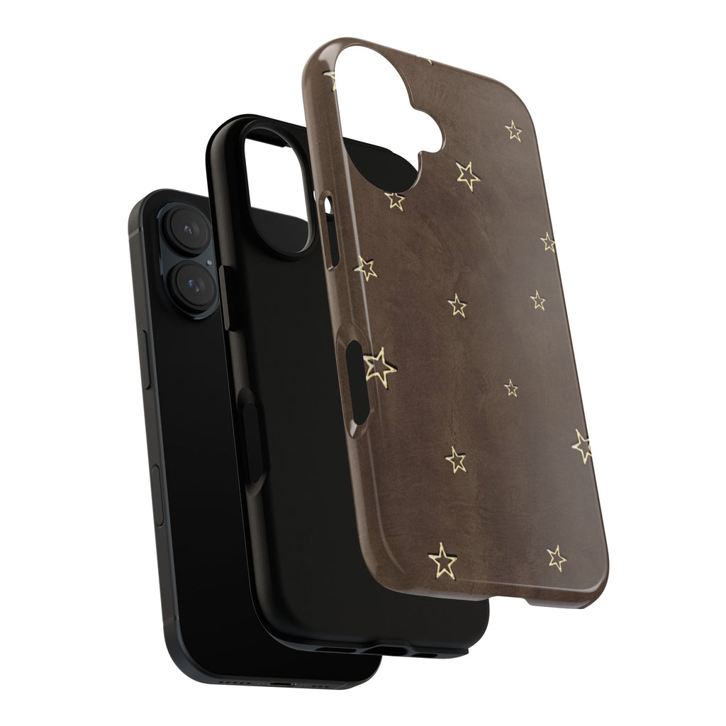 Brown Star Pattern Tough Phone Case – Rugged Leather-Look Protection