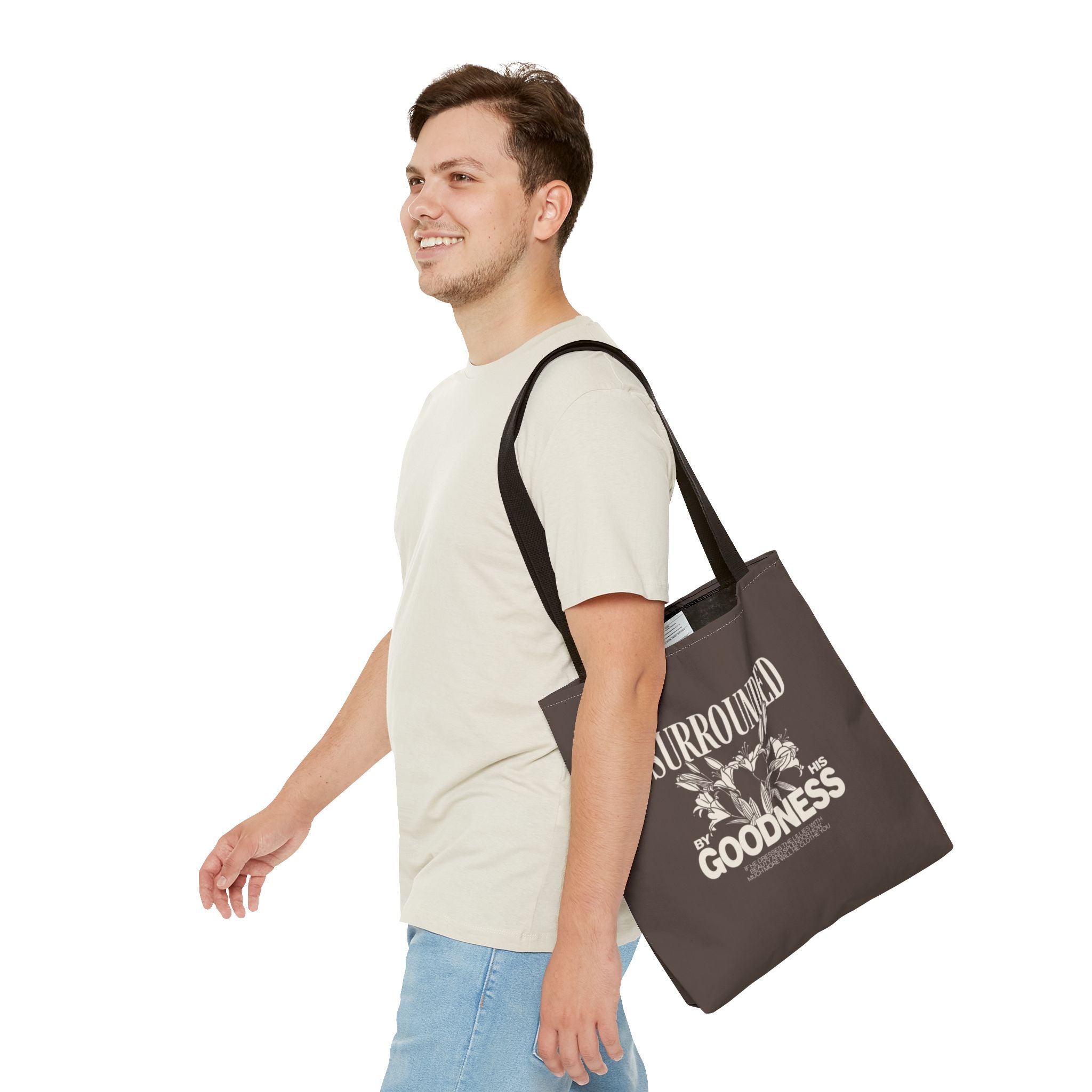 Surrounded by His Goodness Tote Bag — Faith Floral Scripture Shopper