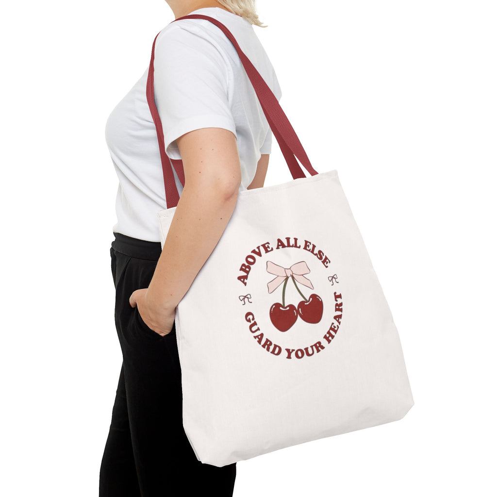 "Above All Else Guard Your Heart" Cherry Graphic Tote Bag