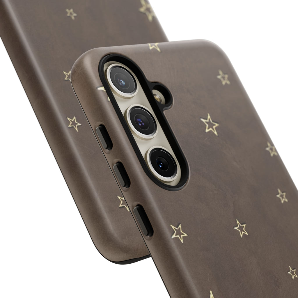 Brown Star Pattern Tough Phone Case – Rugged Leather-Look Protection