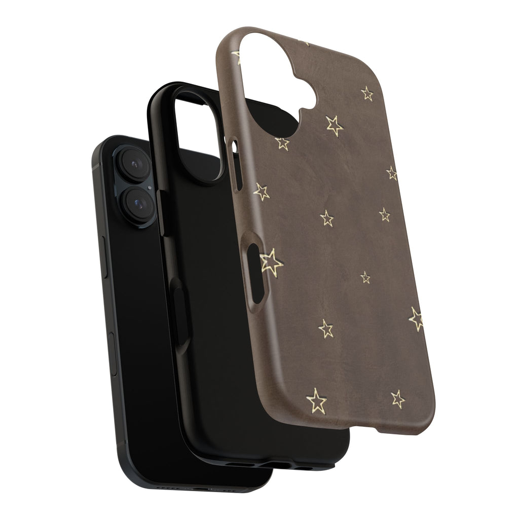 Brown Star Pattern Tough Phone Case – Rugged Leather-Look Protection