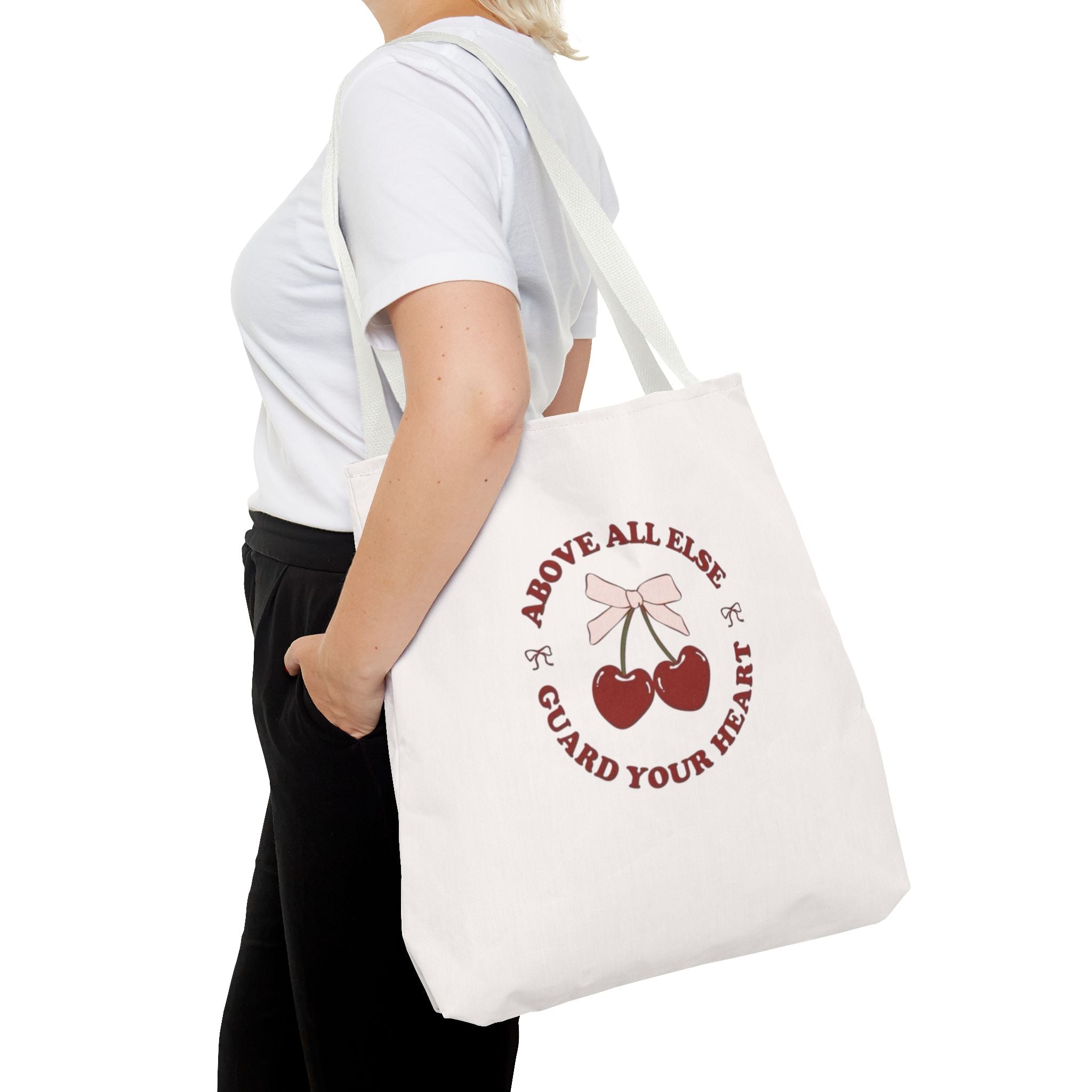 "Above All Else Guard Your Heart" Cherry Graphic Tote Bag