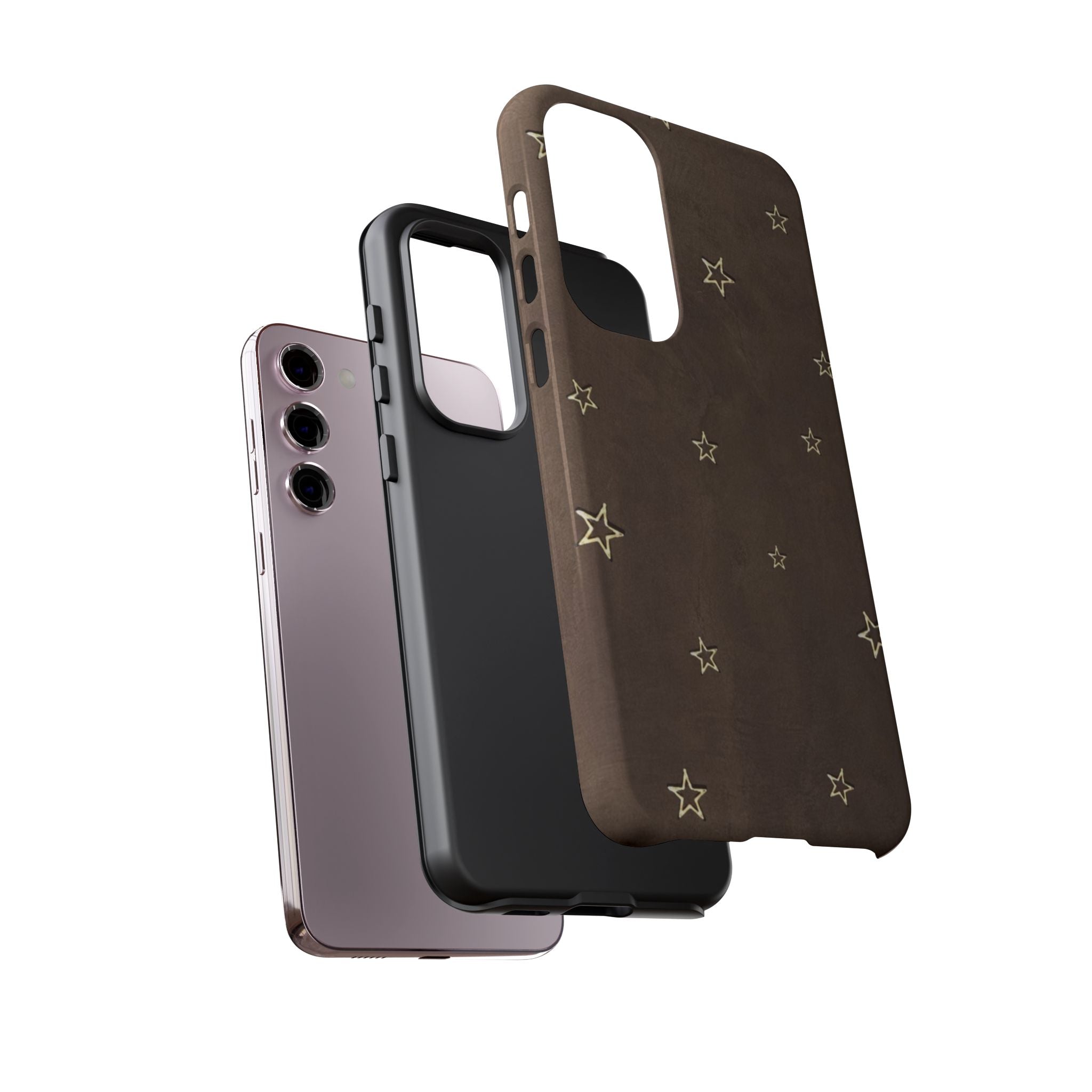 Brown Star Pattern Tough Phone Case – Rugged Leather-Look Protection
