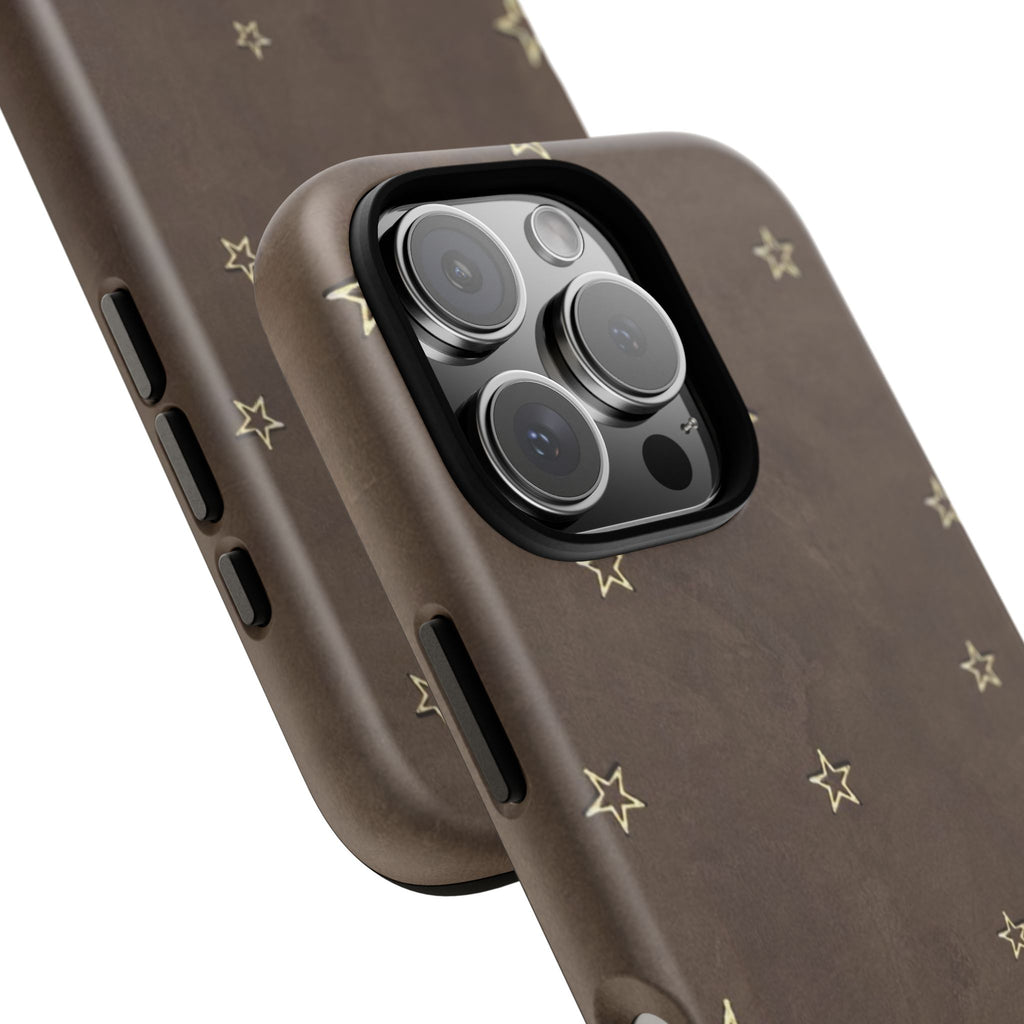 Brown Star Pattern Tough Phone Case – Rugged Leather-Look Protection