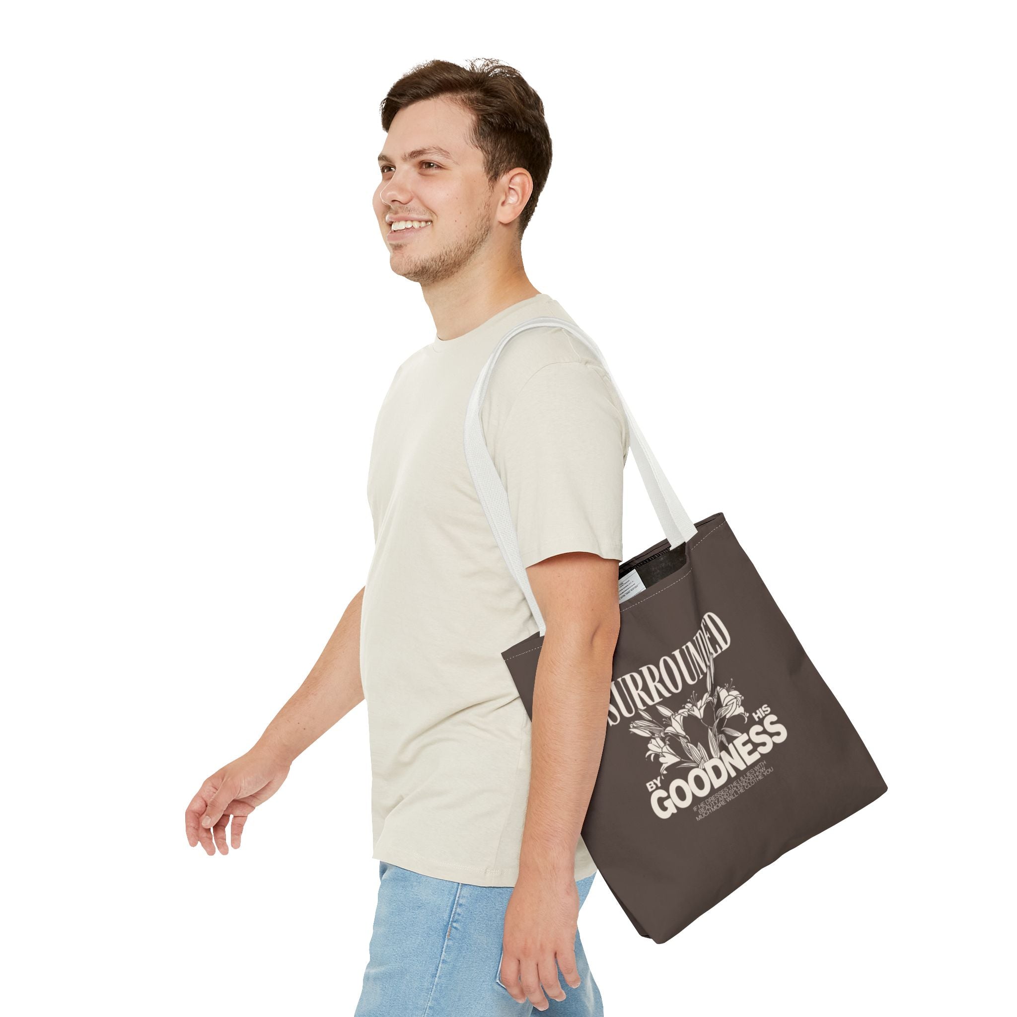 Surrounded by His Goodness Tote Bag — Faith Floral Scripture Shopper