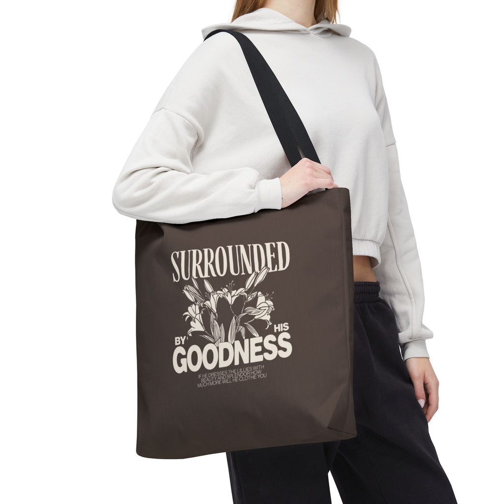 Surrounded by His Goodness Tote Bag — Faith Floral Scripture Shopper