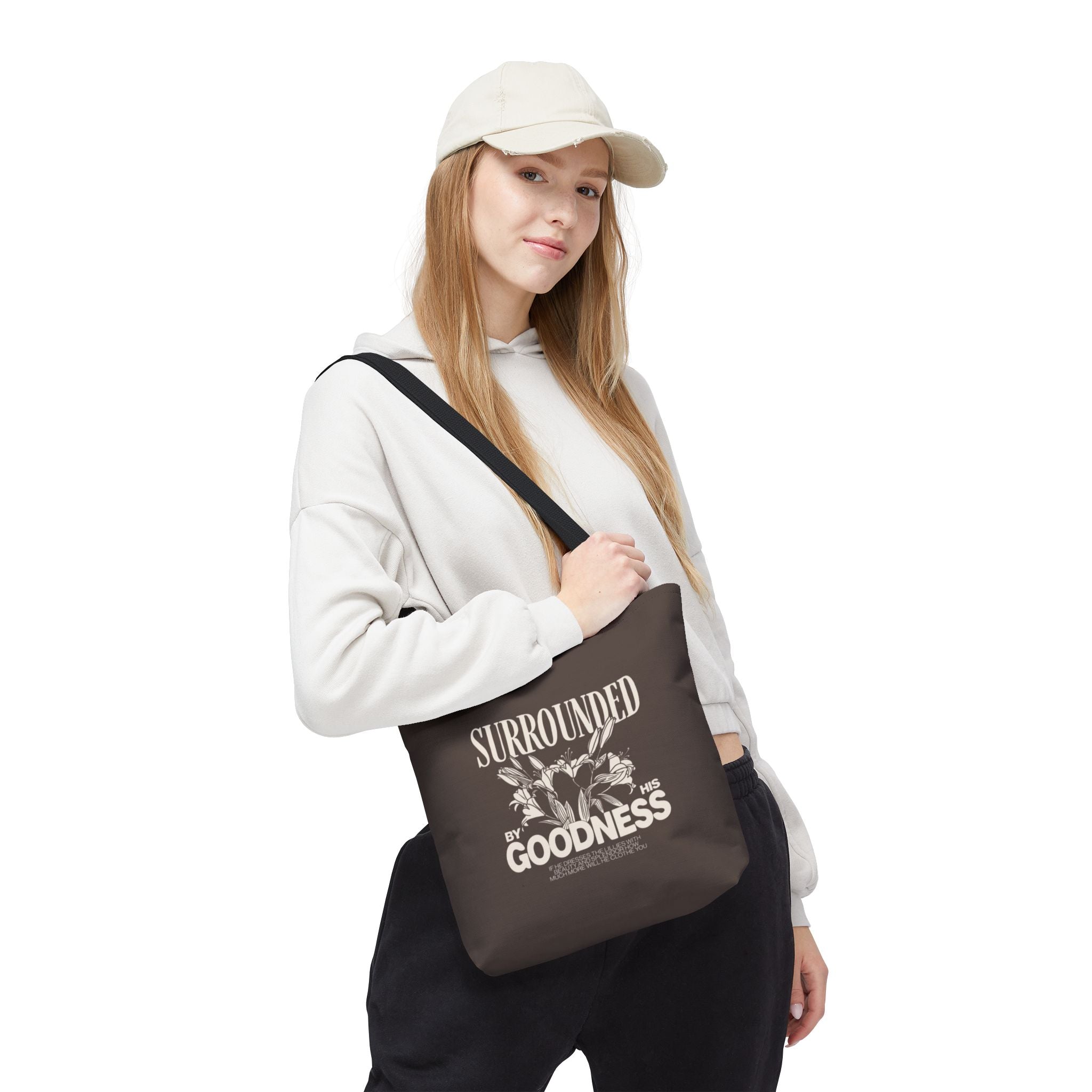 Surrounded by His Goodness Tote Bag — Faith Floral Scripture Shopper