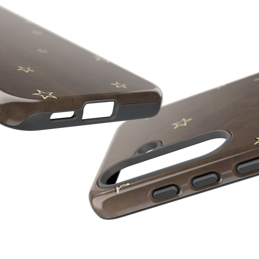 Brown Star Pattern Tough Phone Case – Rugged Leather-Look Protection