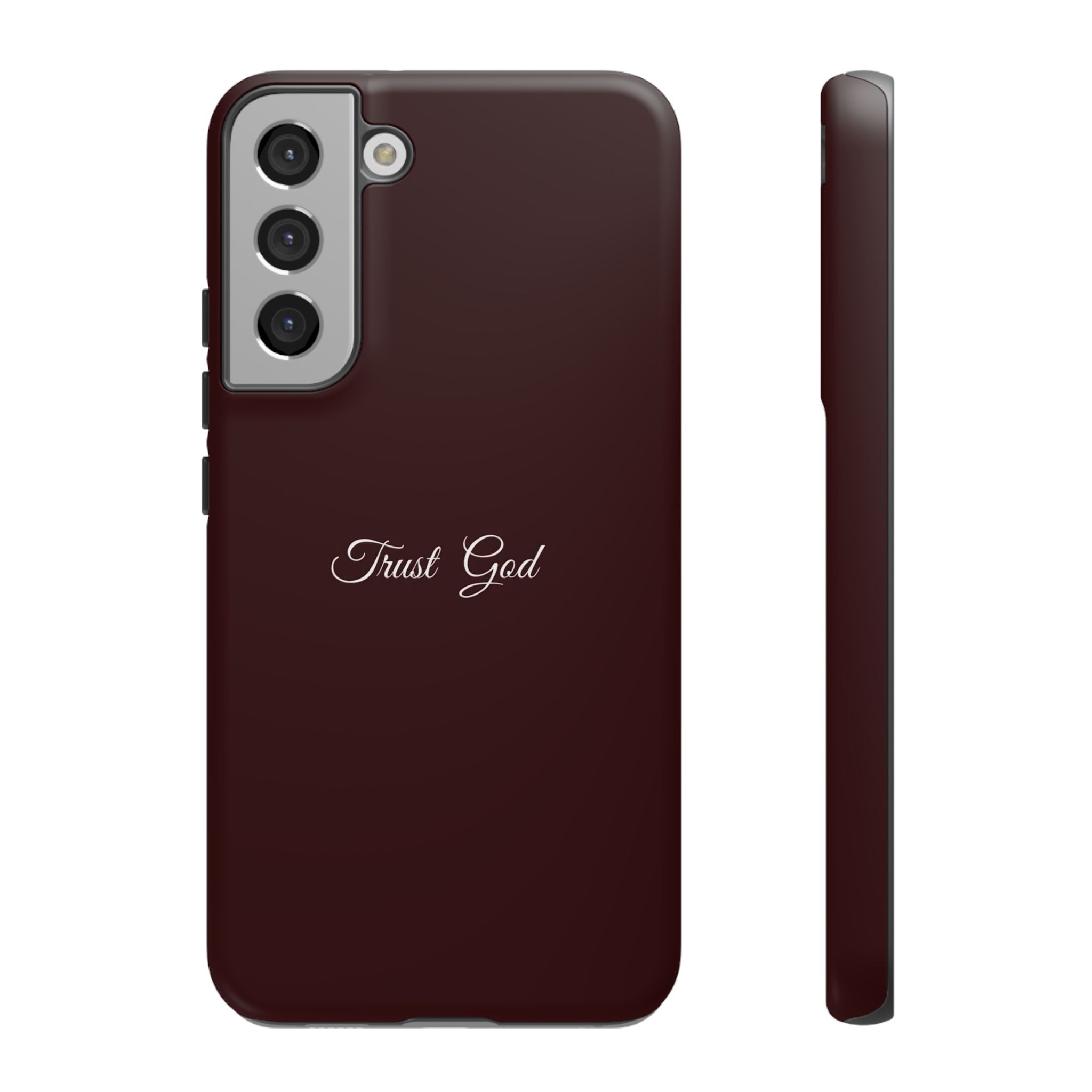Trust God Tough Phone Case — Maroon Protective iPhone Cover with Script Text