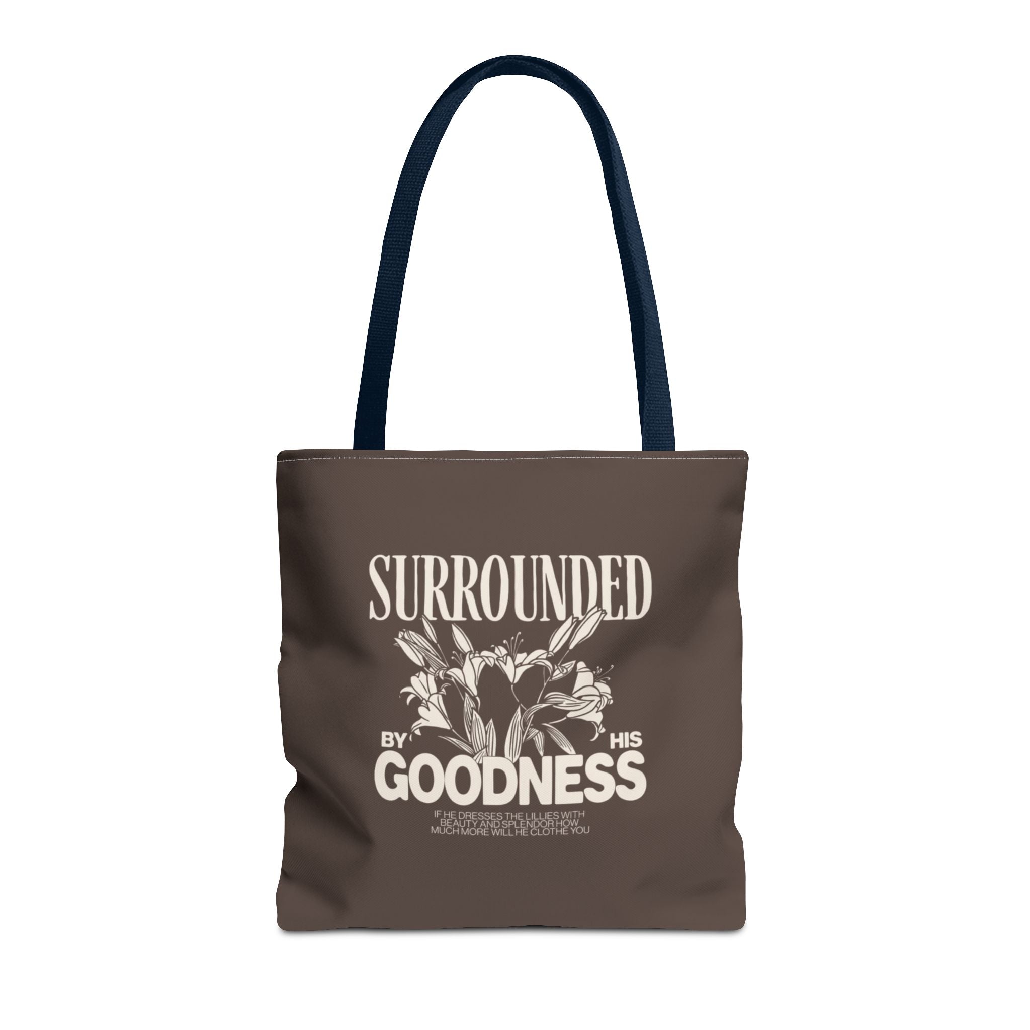 Surrounded by His Goodness Tote Bag — Faith Floral Scripture Shopper