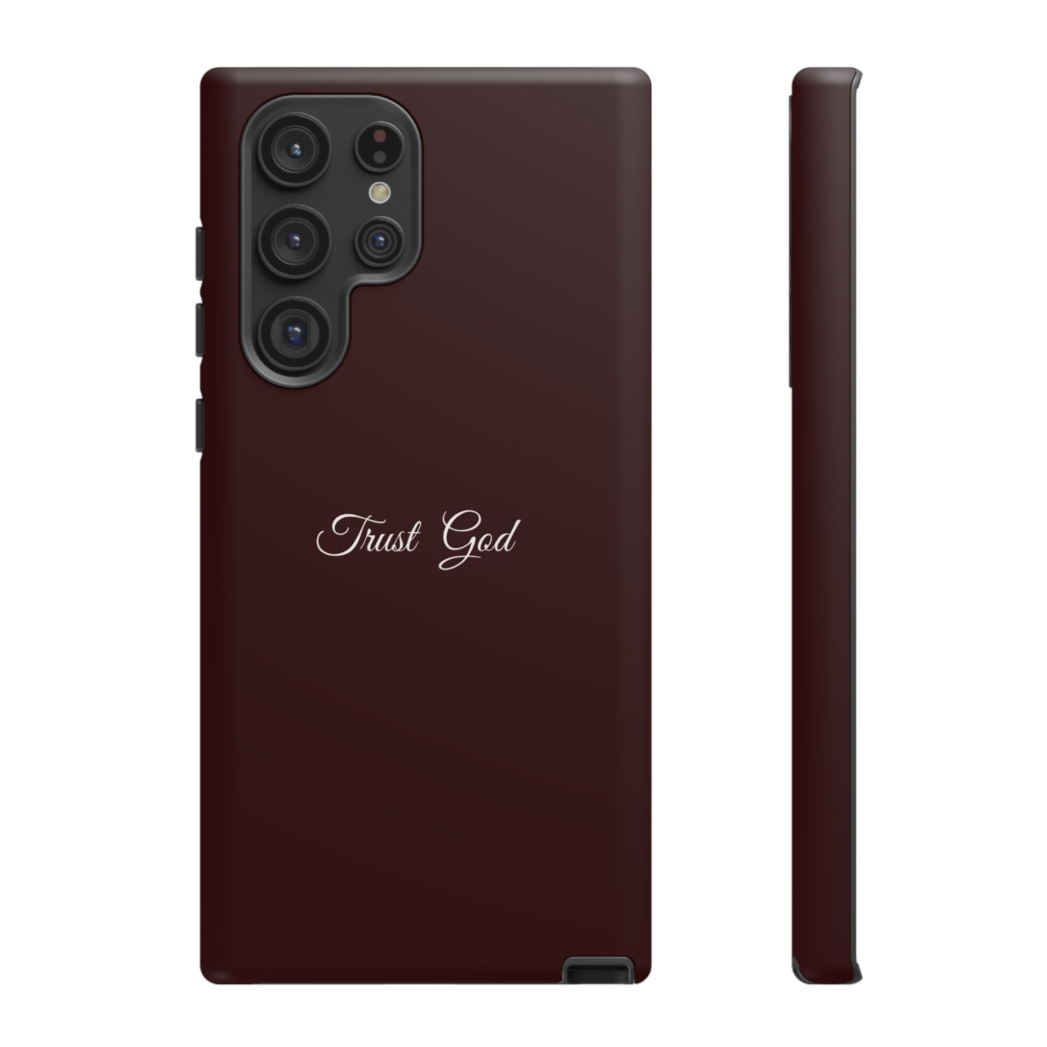 Trust God Tough Phone Case — Maroon Protective iPhone Cover with Script Text
