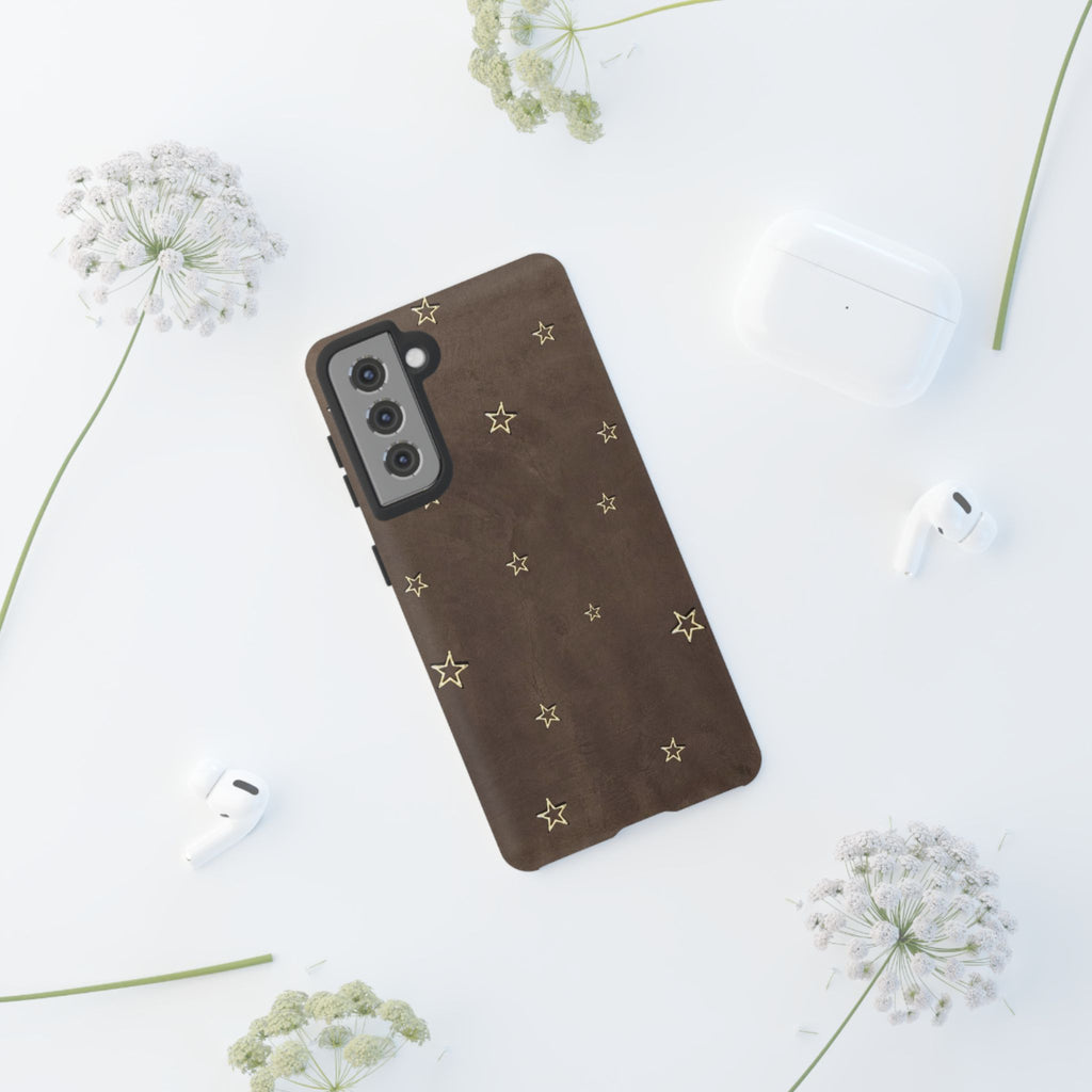 Brown Star Pattern Tough Phone Case – Rugged Leather-Look Protection