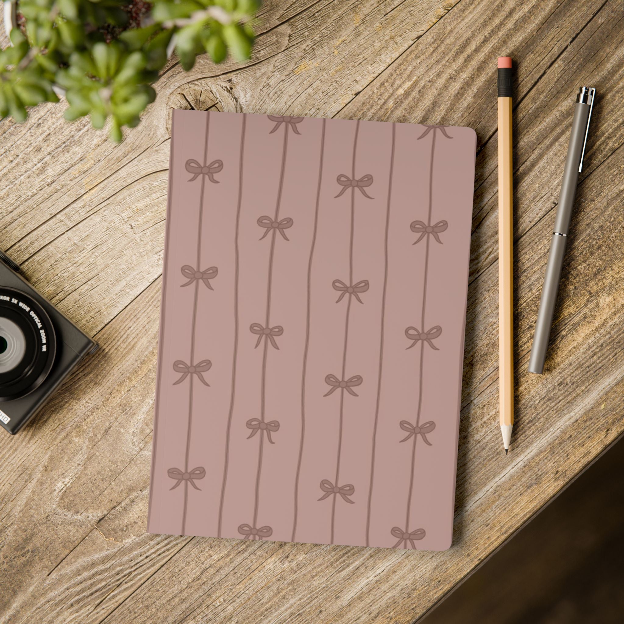 Bow Pattern Softcover Journal — Floral Ribbon Notebook for Women, Cute Lined Journal with Inside Prints