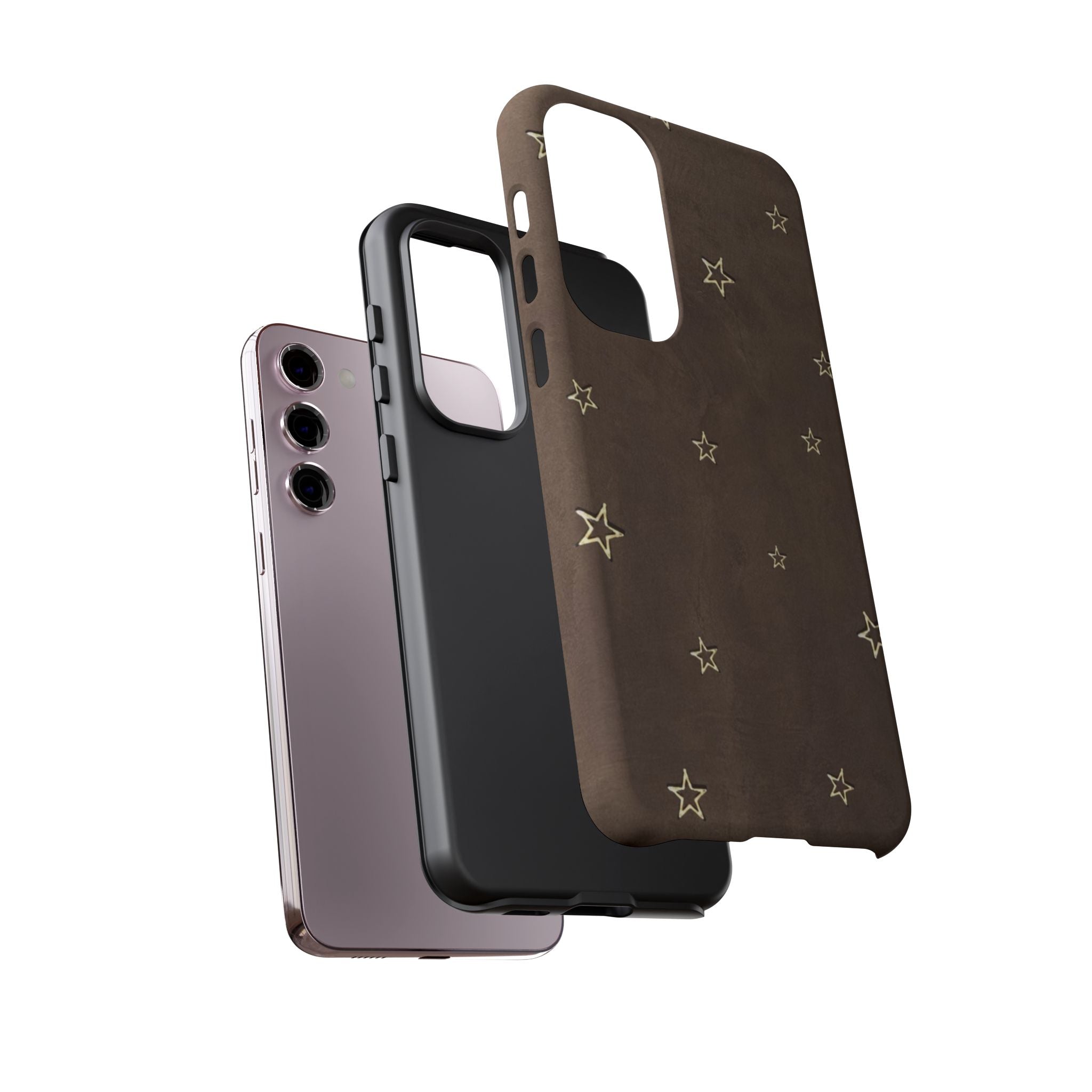 Brown Star Pattern Tough Phone Case – Rugged Leather-Look Protection