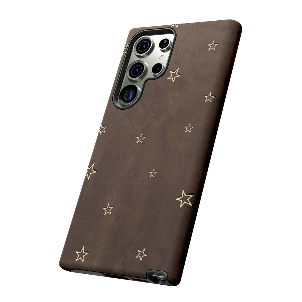 Brown Star Pattern Tough Phone Case – Rugged Leather-Look Protection