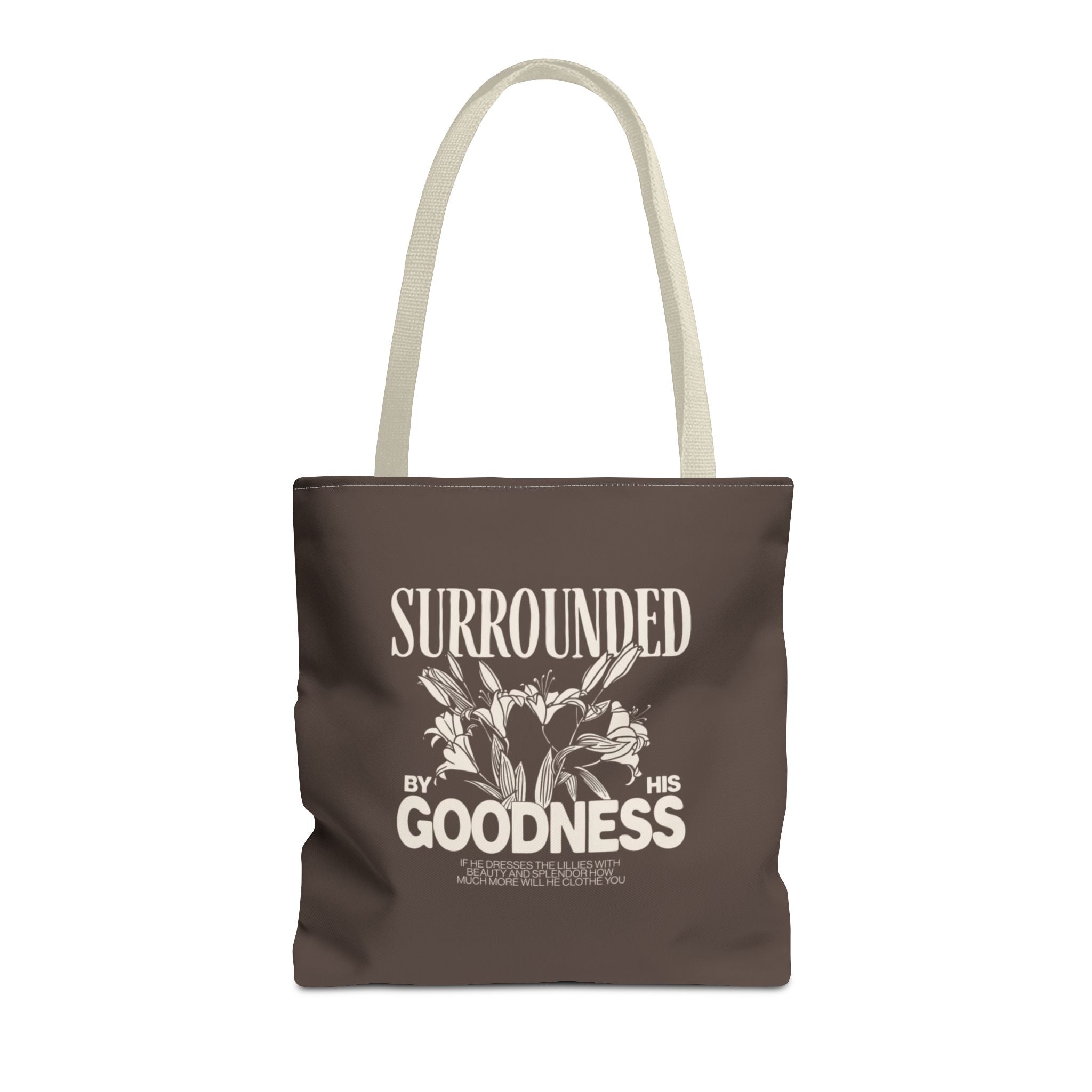 Surrounded by His Goodness Tote Bag — Faith Floral Scripture Shopper