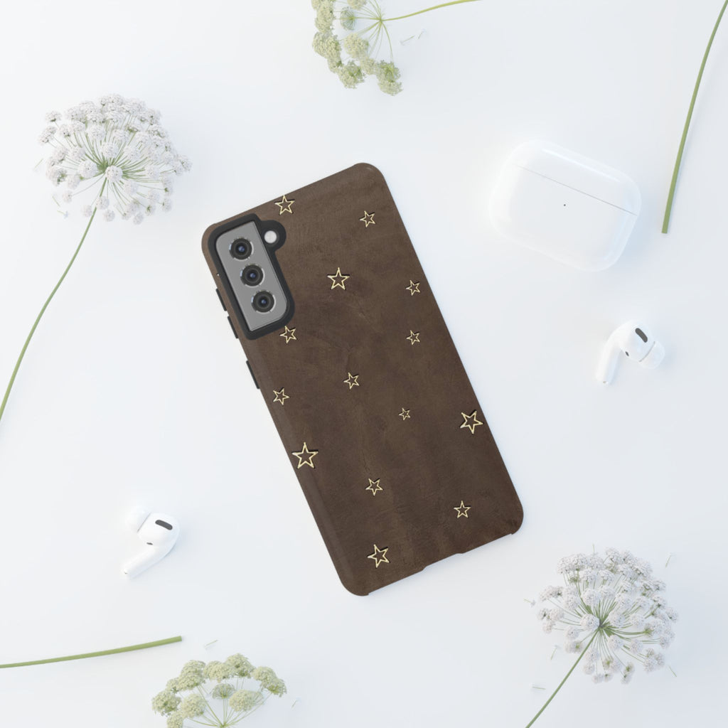Brown Star Pattern Tough Phone Case – Rugged Leather-Look Protection
