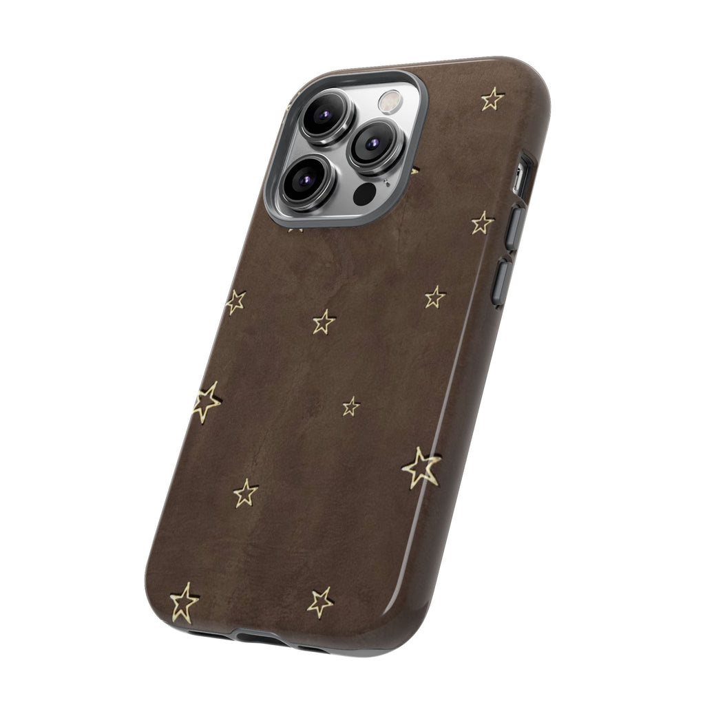 Brown Star Pattern Tough Phone Case – Rugged Leather-Look Protection
