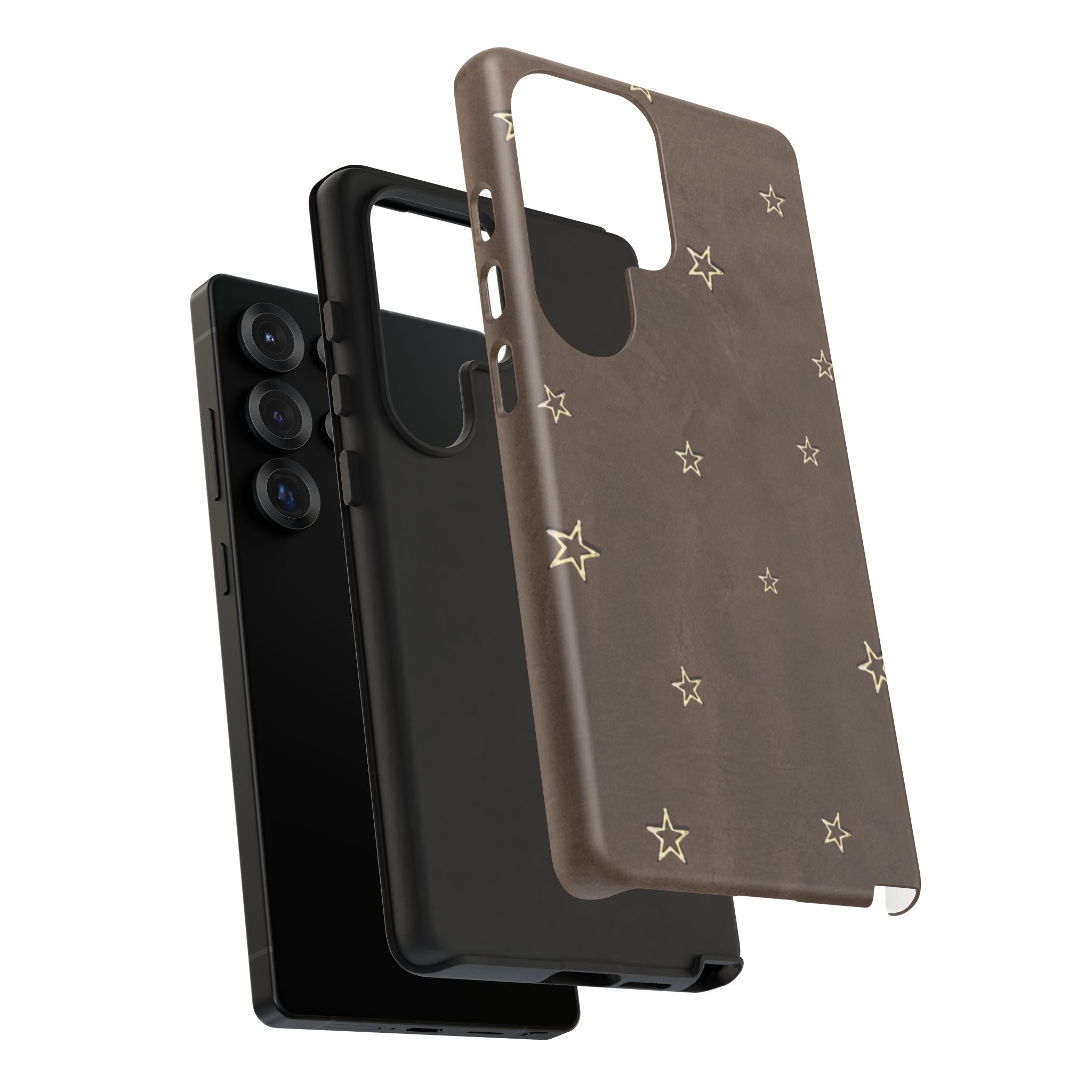 Brown Star Pattern Tough Phone Case – Rugged Leather-Look Protection