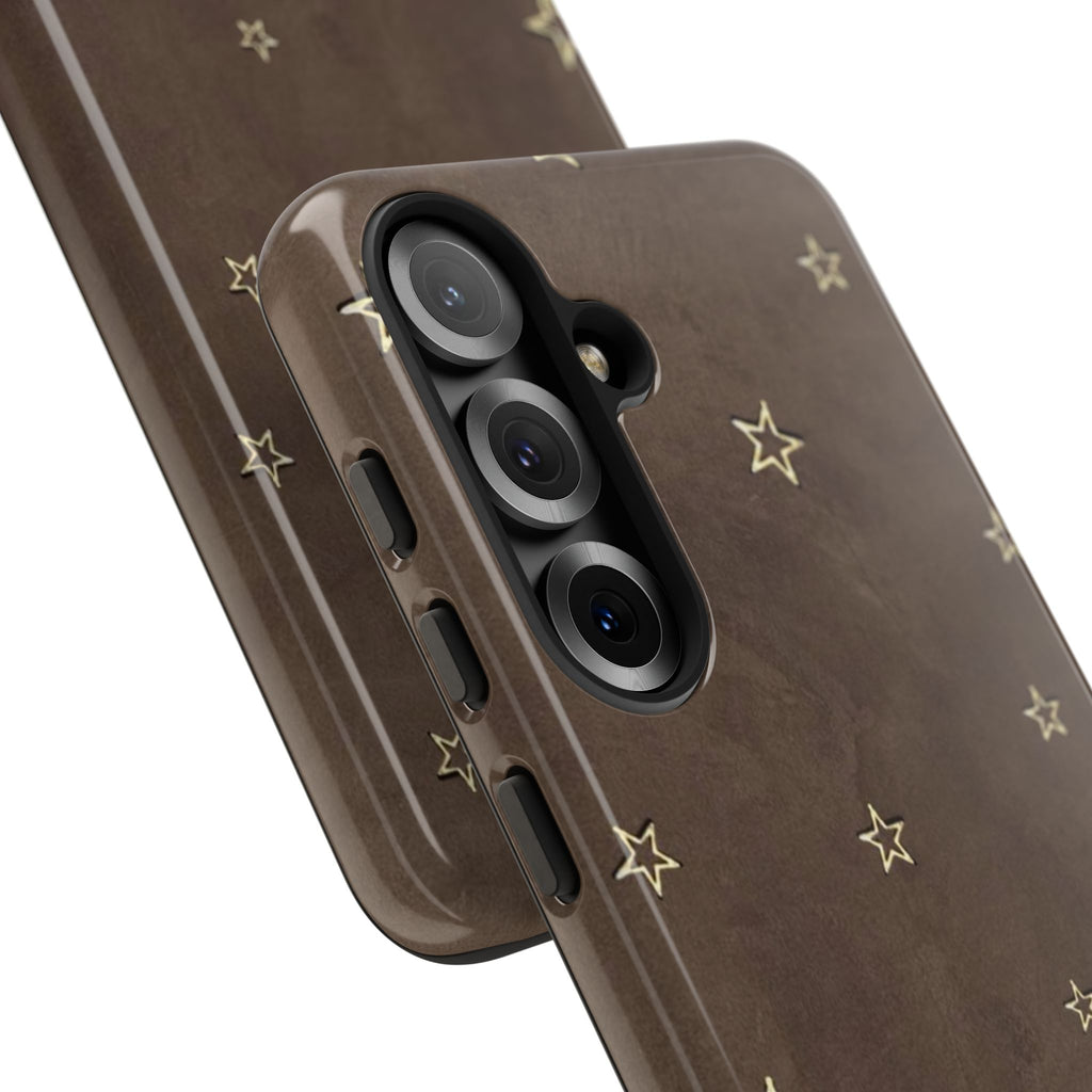 Brown Star Pattern Tough Phone Case – Rugged Leather-Look Protection