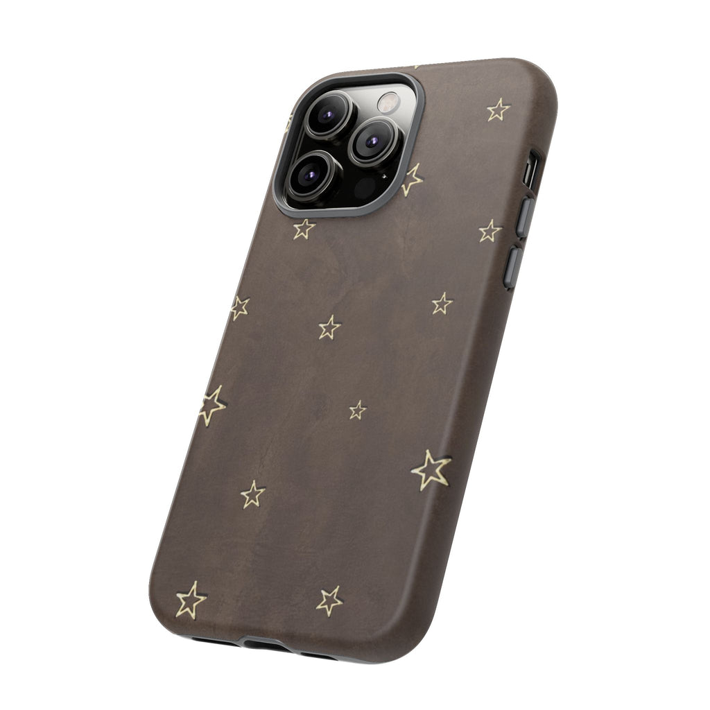 Brown Star Pattern Tough Phone Case – Rugged Leather-Look Protection