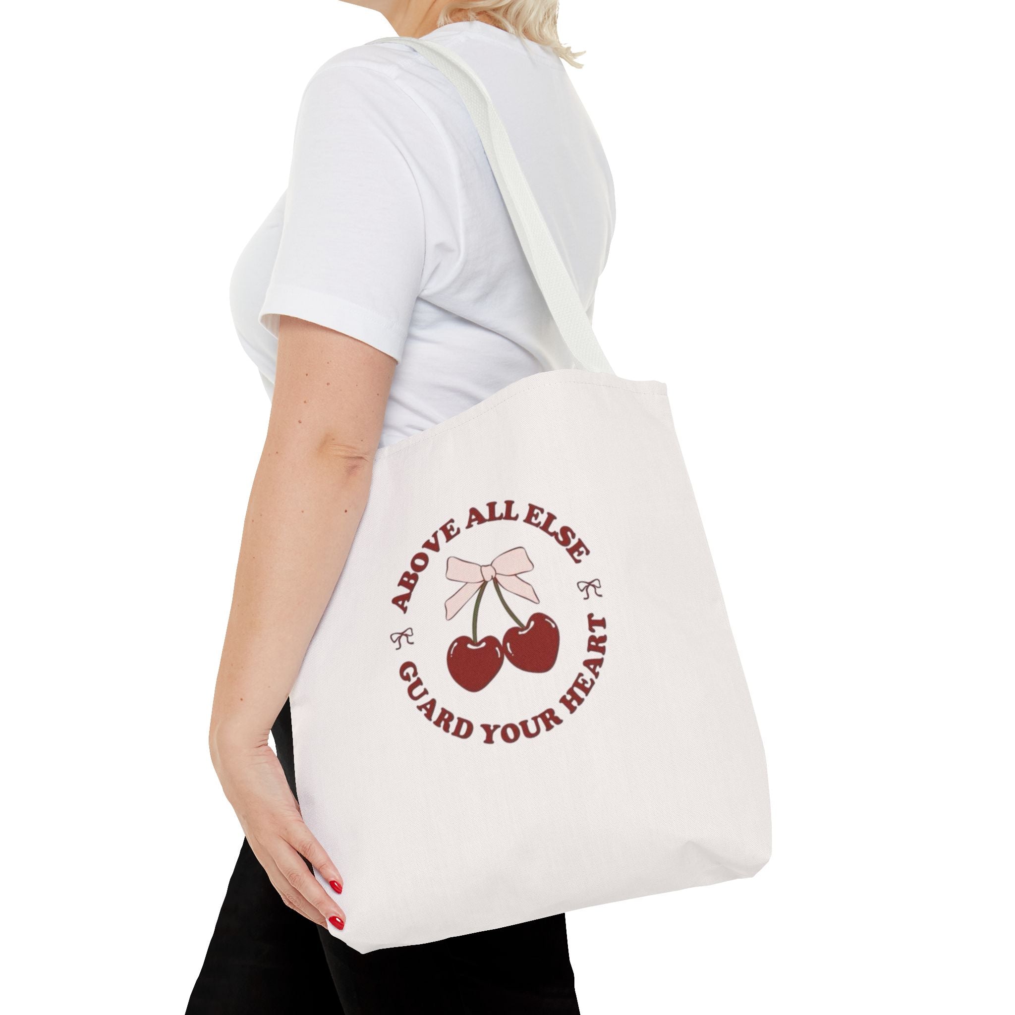"Above All Else Guard Your Heart" Cherry Graphic Tote Bag