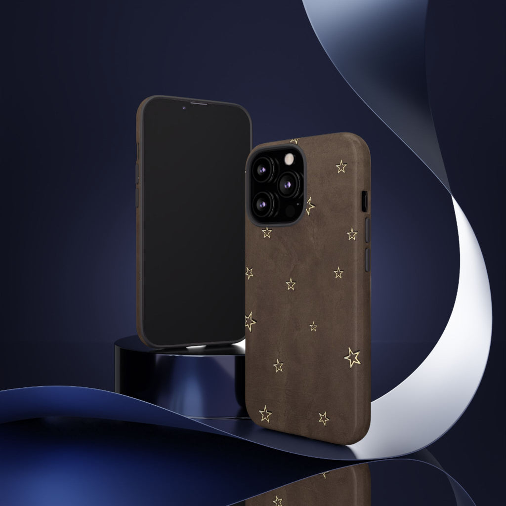 Brown Star Pattern Tough Phone Case – Rugged Leather-Look Protection