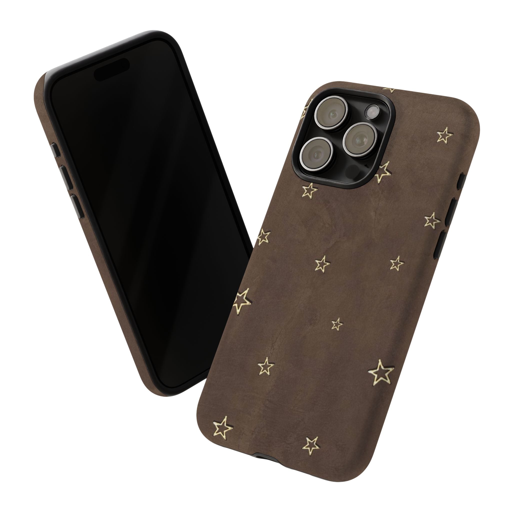 Brown Star Pattern Tough Phone Case – Rugged Leather-Look Protection