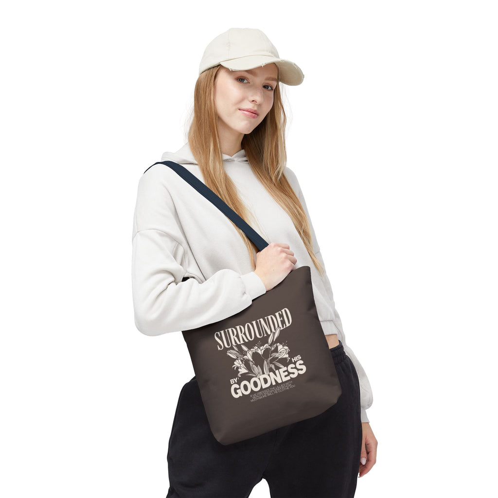 Surrounded by His Goodness Tote Bag — Faith Floral Scripture Shopper