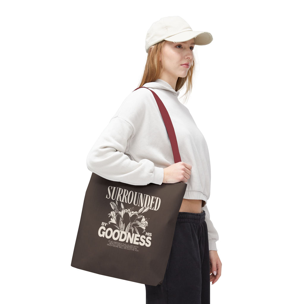 Surrounded by His Goodness Tote Bag — Faith Floral Scripture Shopper