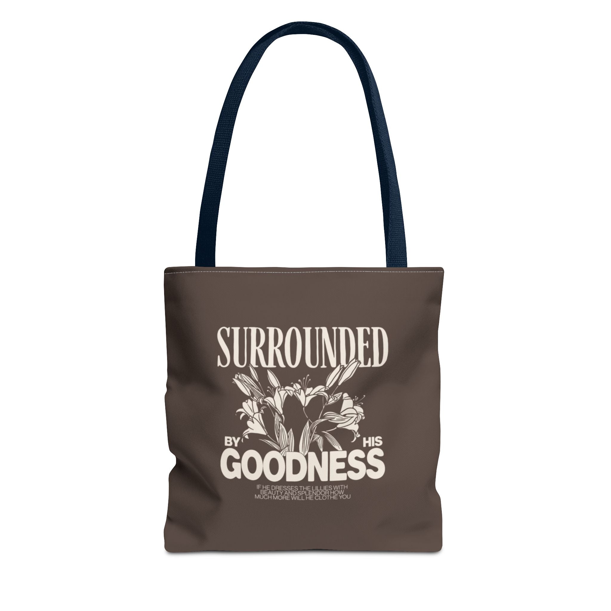 Surrounded by His Goodness Tote Bag — Faith Floral Scripture Shopper
