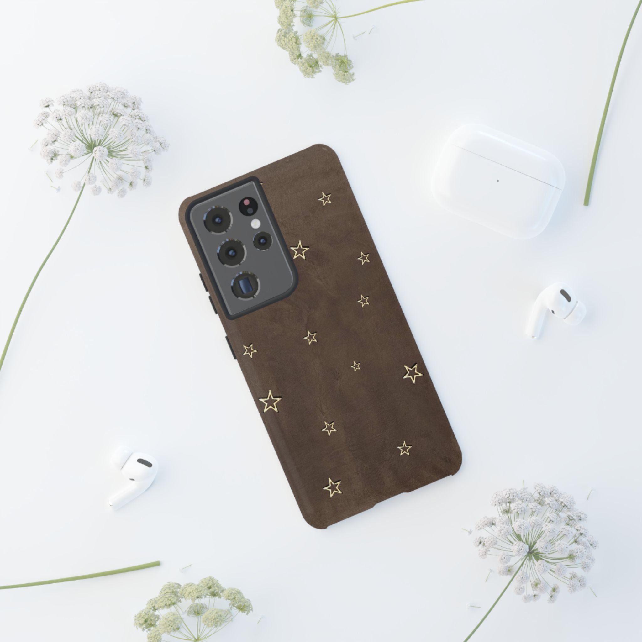Brown Star Pattern Tough Phone Case – Rugged Leather-Look Protection