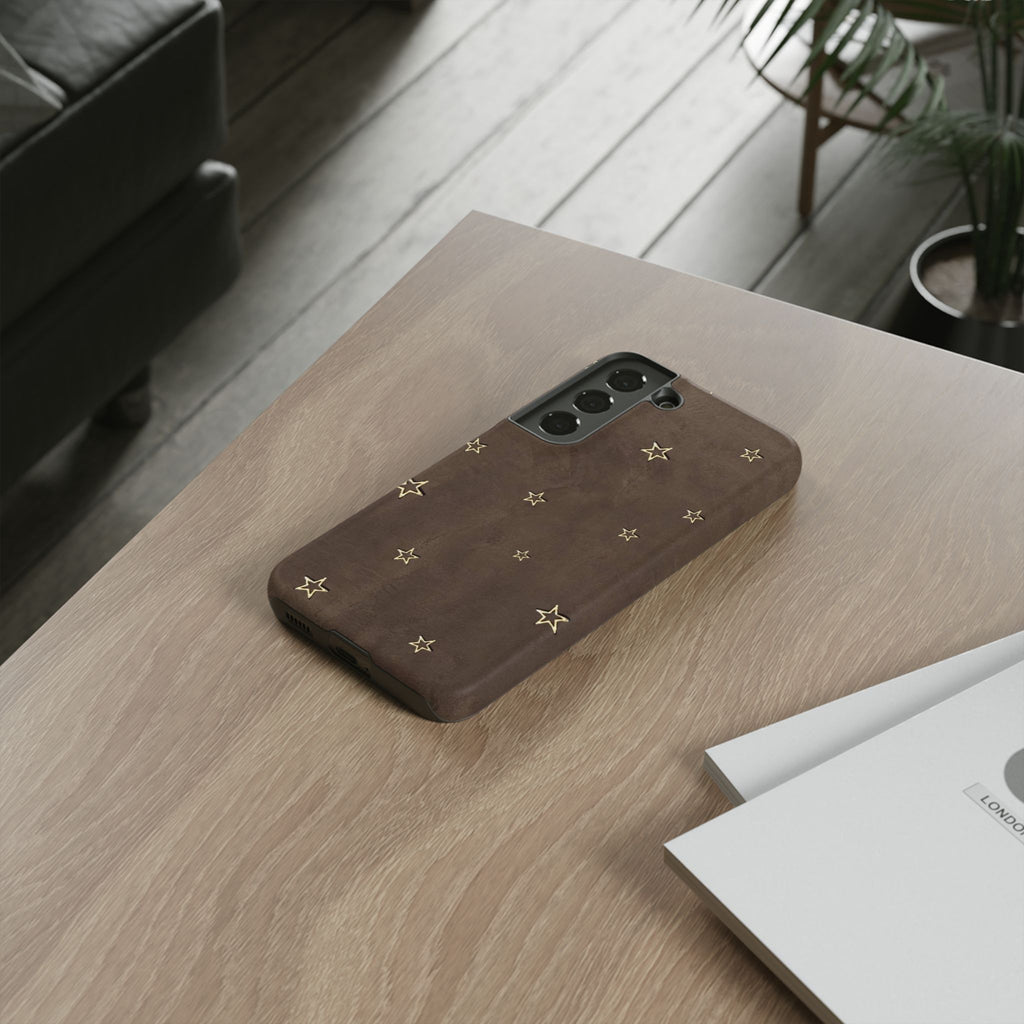 Brown Star Pattern Tough Phone Case – Rugged Leather-Look Protection