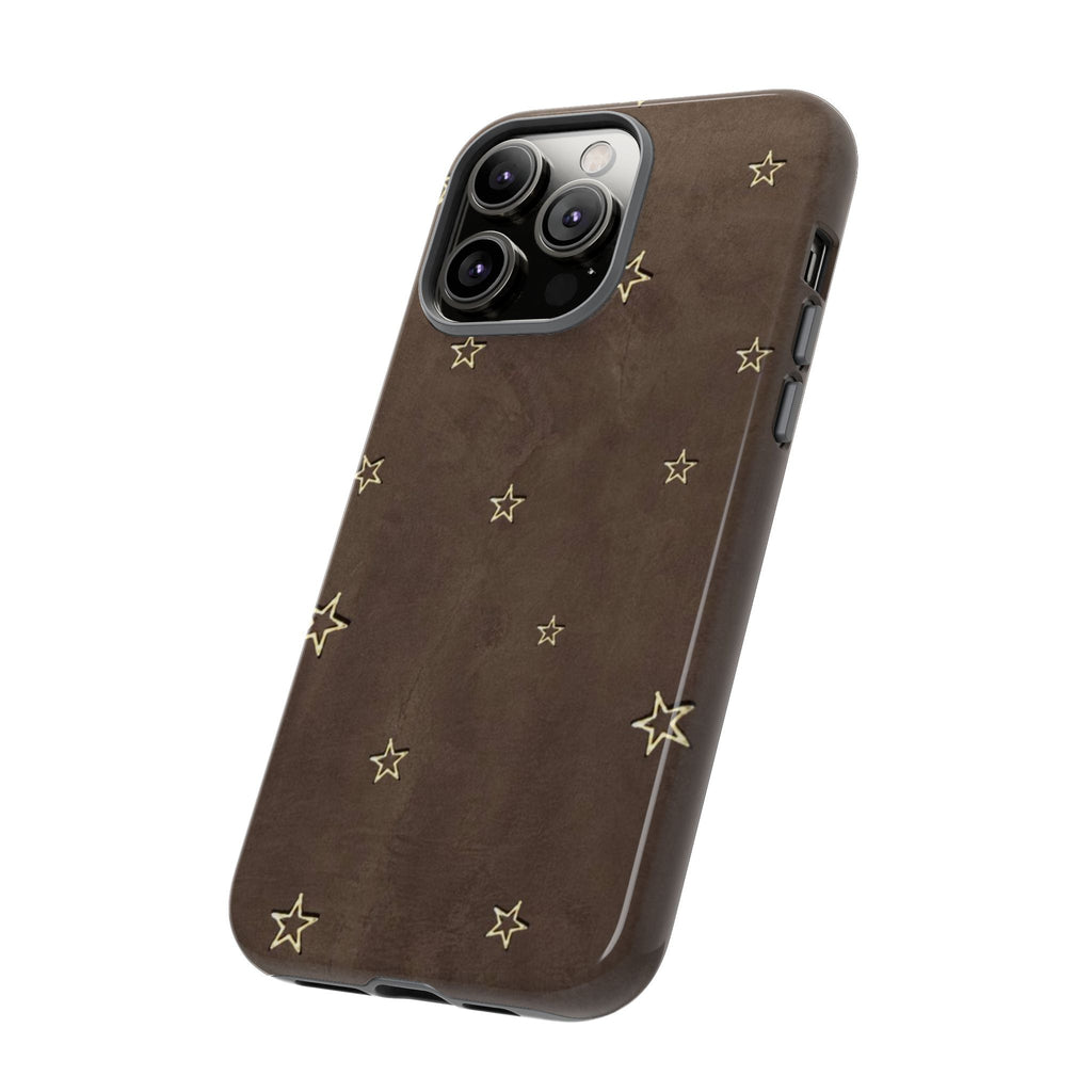 Brown Star Pattern Tough Phone Case – Rugged Leather-Look Protection