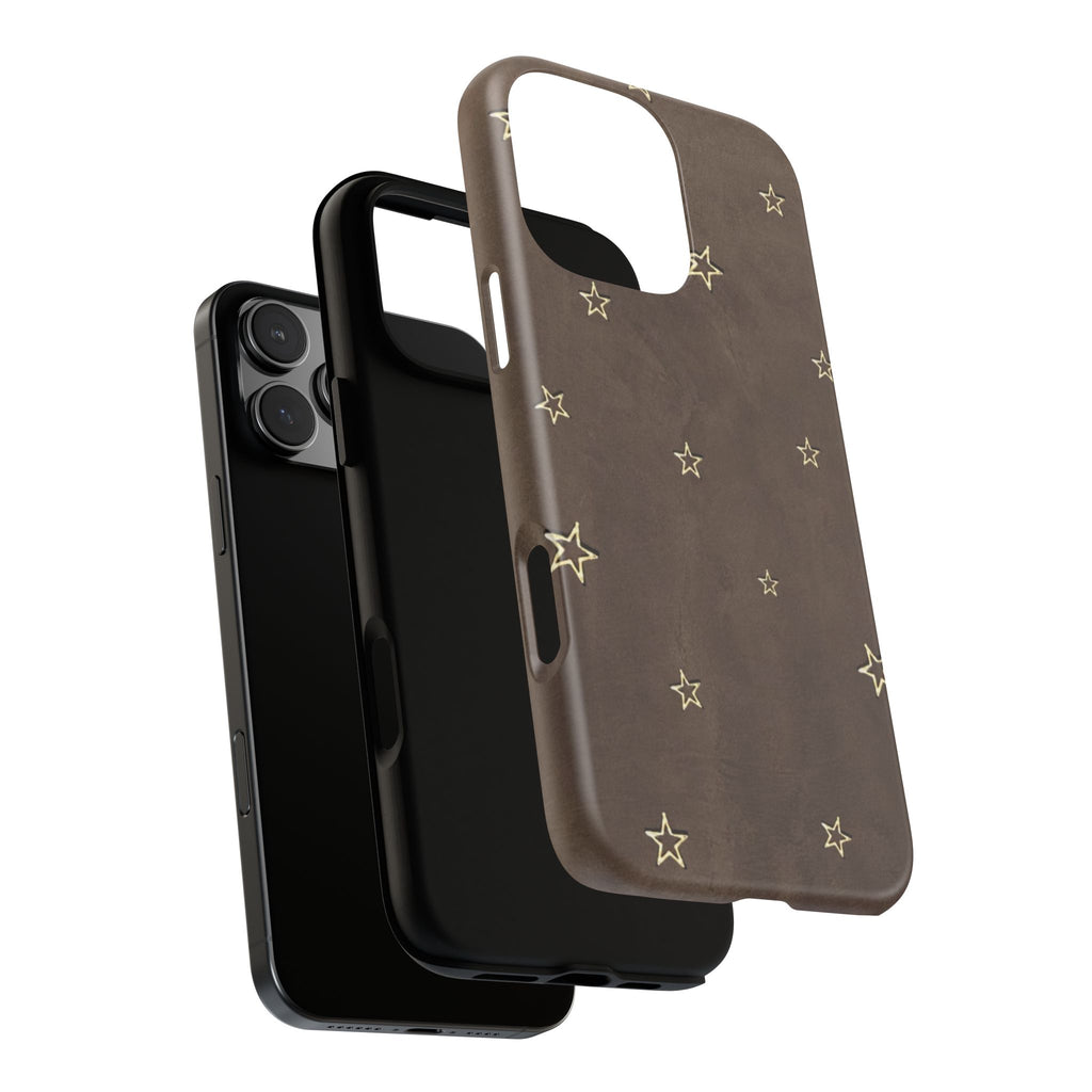 Brown Star Pattern Tough Phone Case – Rugged Leather-Look Protection
