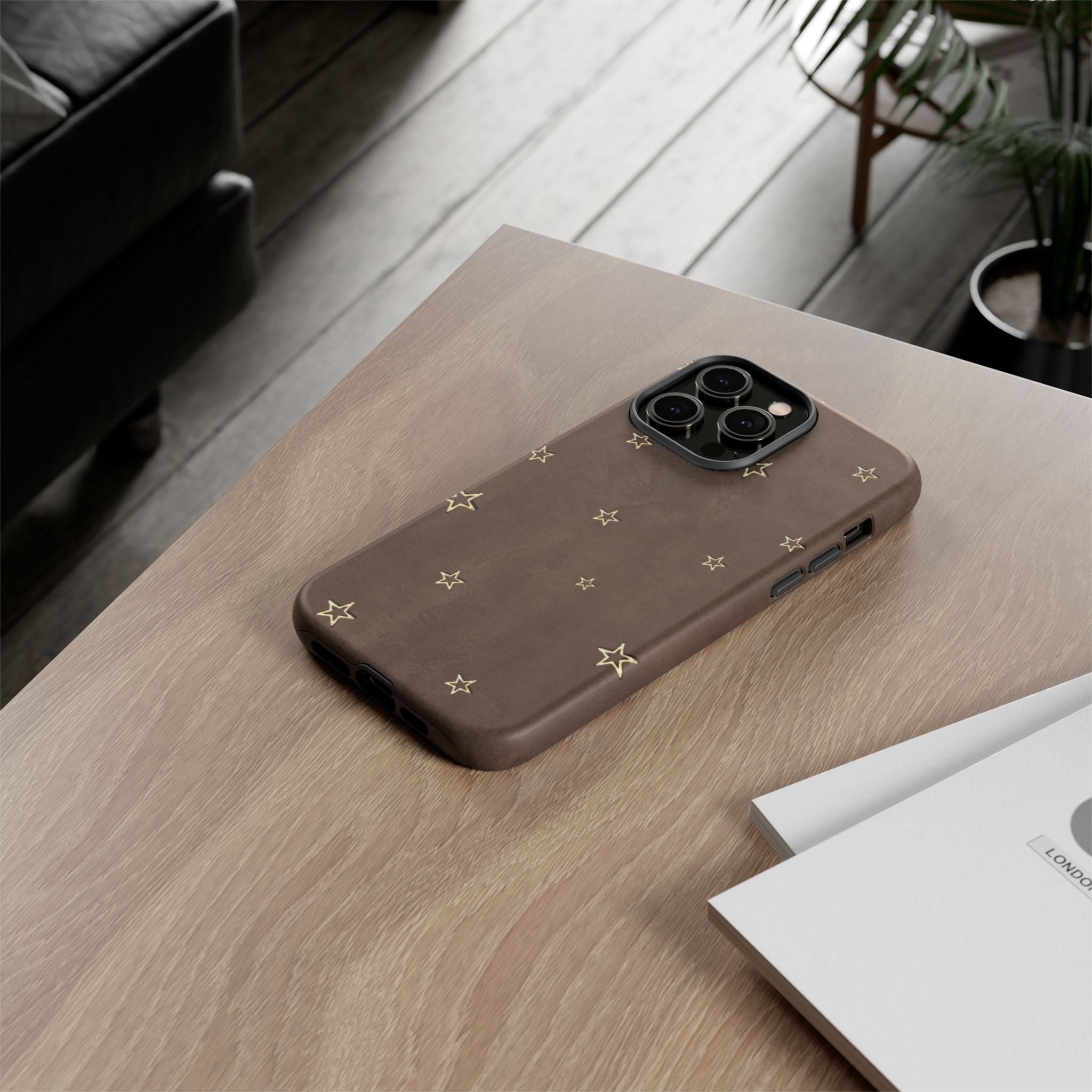 Brown Star Pattern Tough Phone Case – Rugged Leather-Look Protection