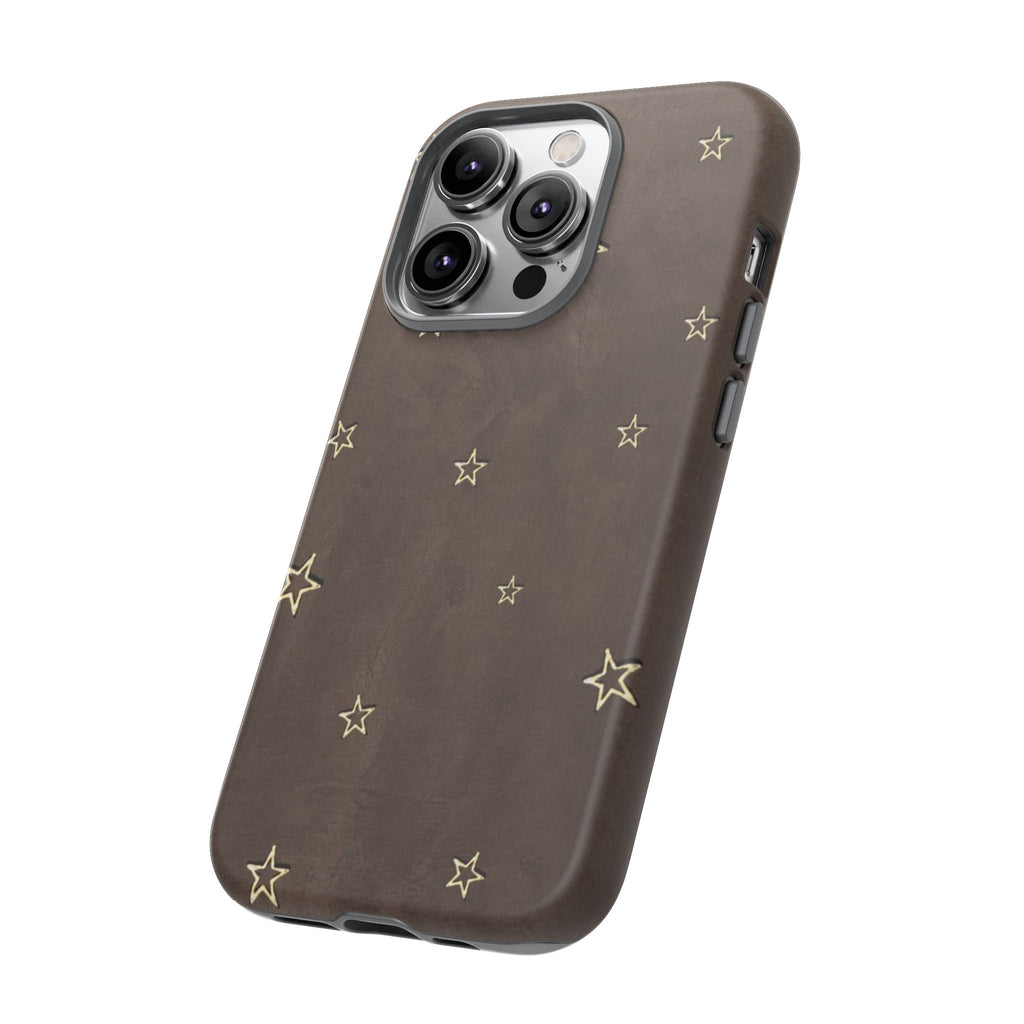 Brown Star Pattern Tough Phone Case – Rugged Leather-Look Protection