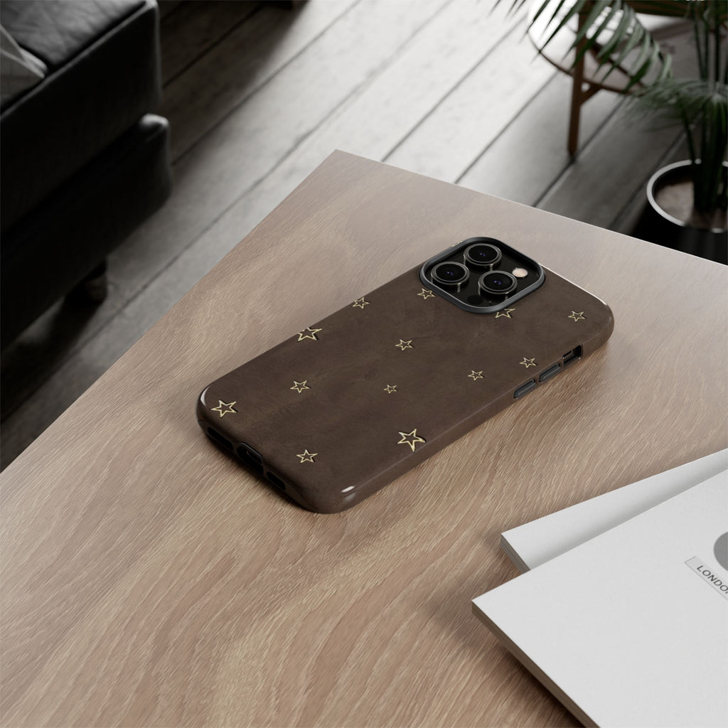 Brown Star Pattern Tough Phone Case – Rugged Leather-Look Protection