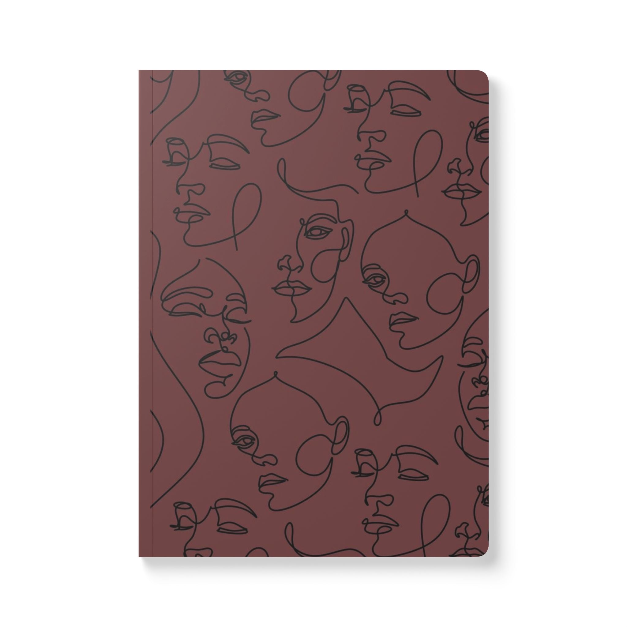 Abstract Faces Softcover Journal — Burgundy Line Art Notebook