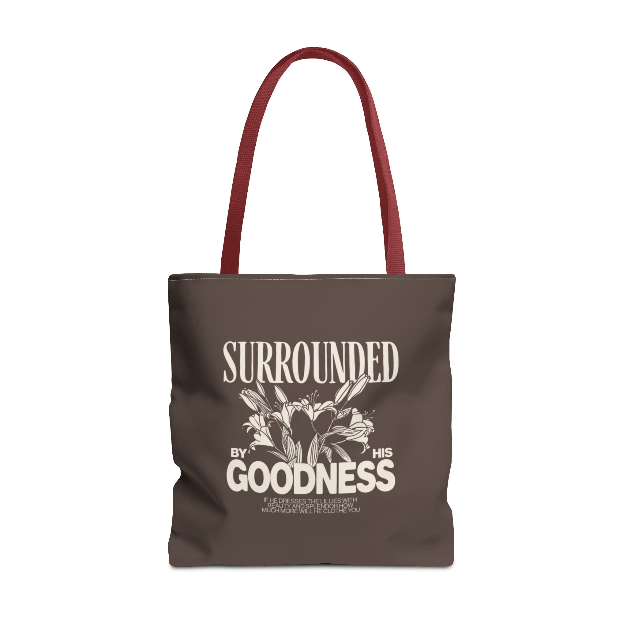 Surrounded by His Goodness Tote Bag — Faith Floral Scripture Shopper