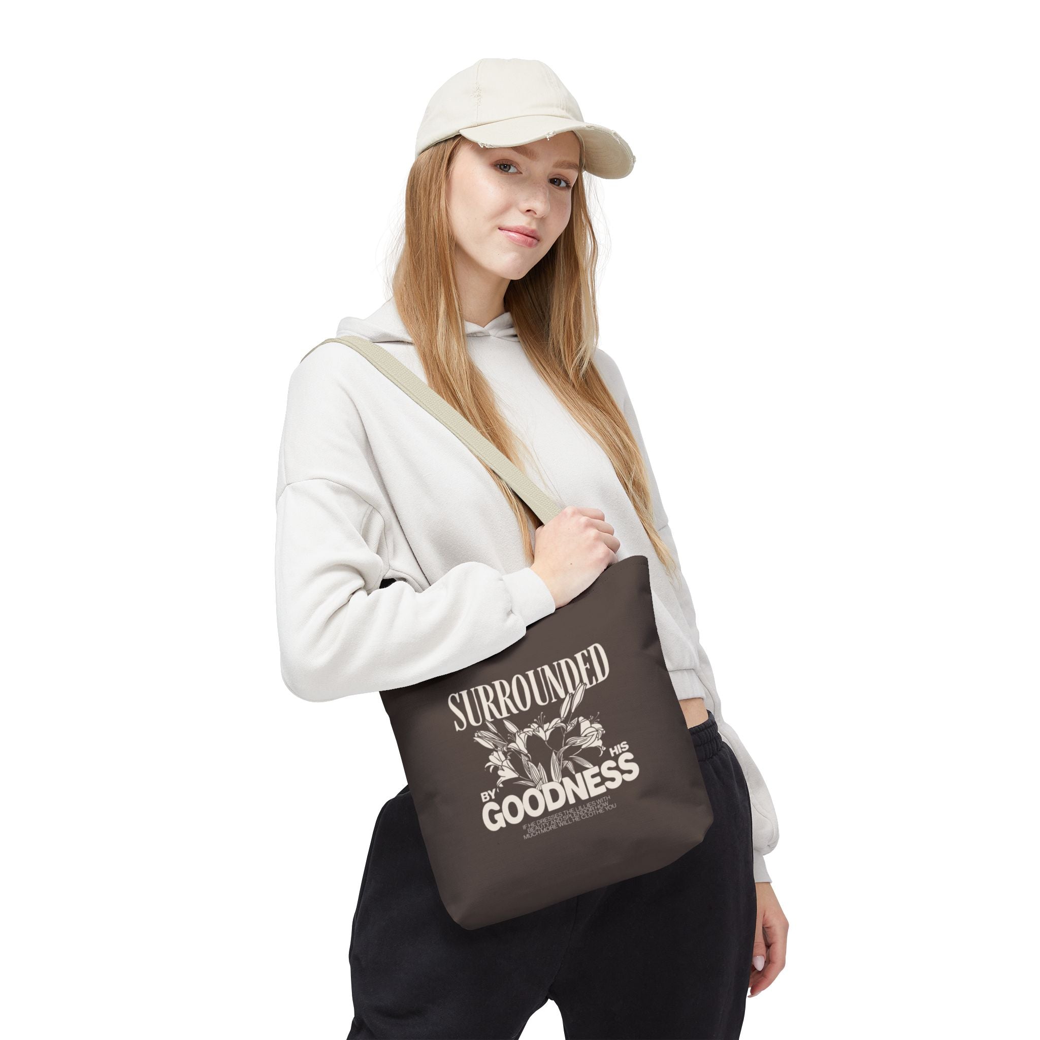 Surrounded by His Goodness Tote Bag — Faith Floral Scripture Shopper