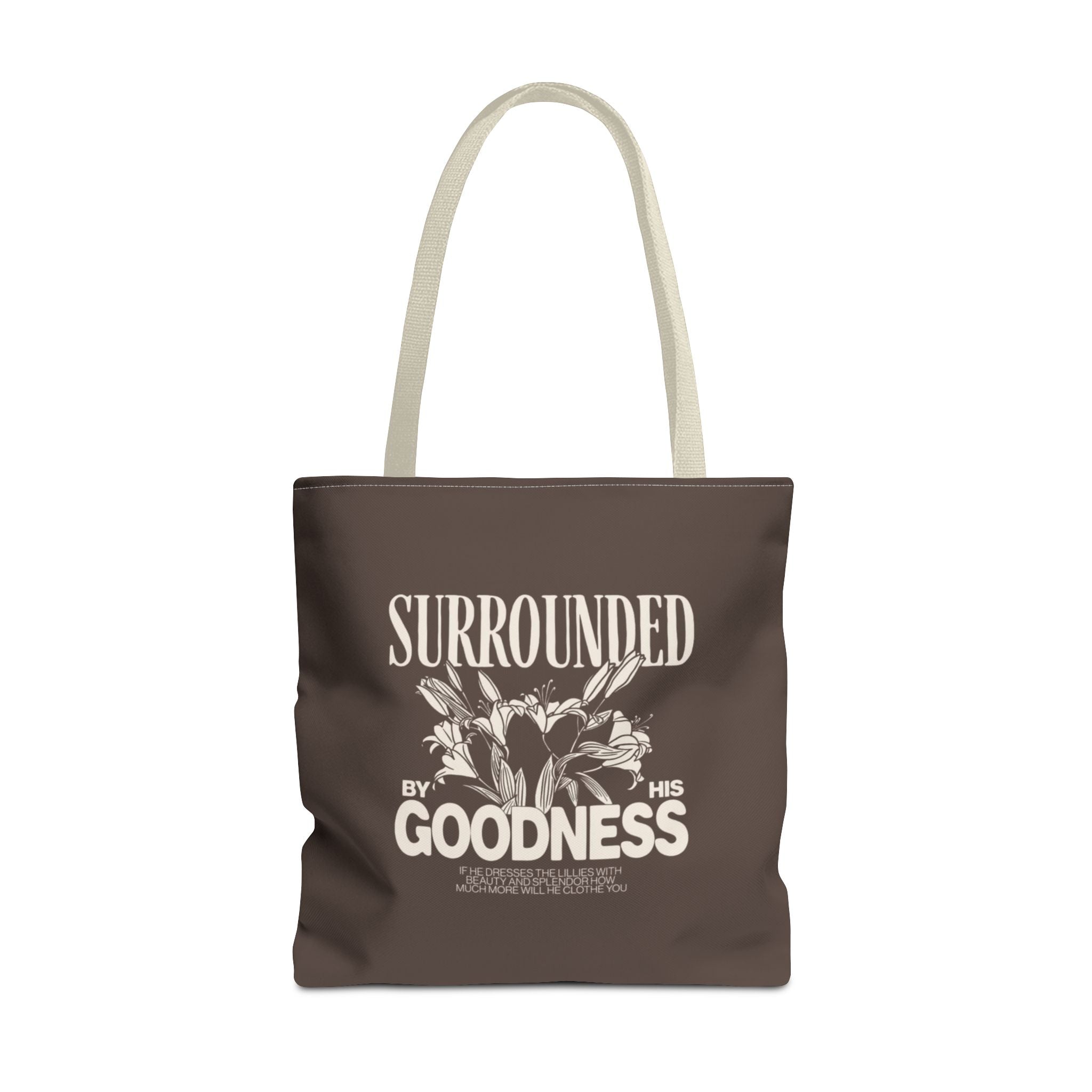 Surrounded by His Goodness Tote Bag — Faith Floral Scripture Shopper