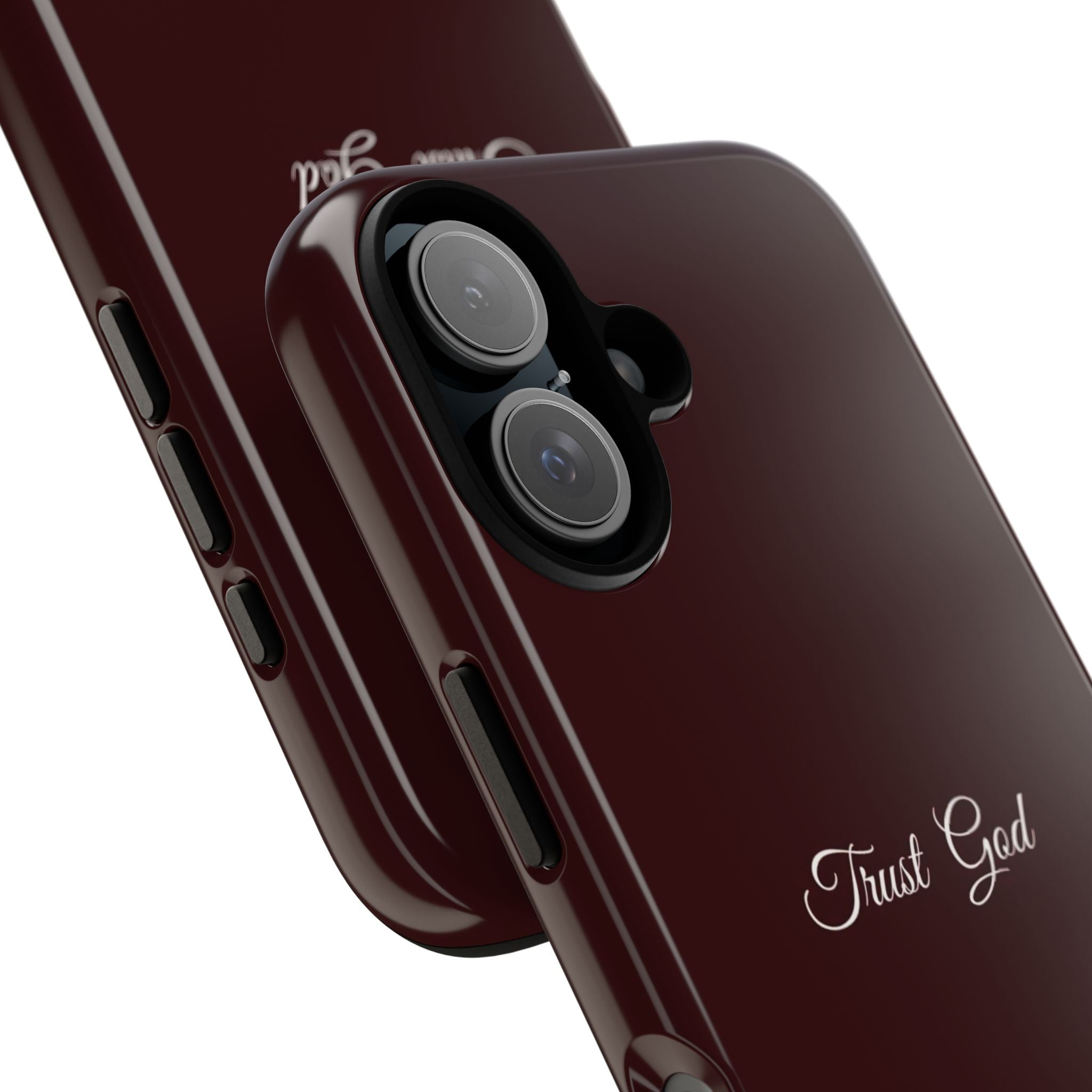 Trust God Tough Phone Case — Maroon Protective iPhone Cover with Script Text