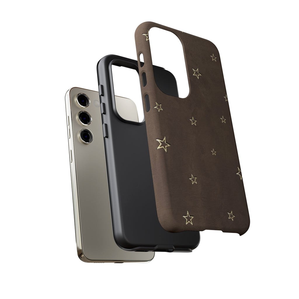 Brown Star Pattern Tough Phone Case – Rugged Leather-Look Protection
